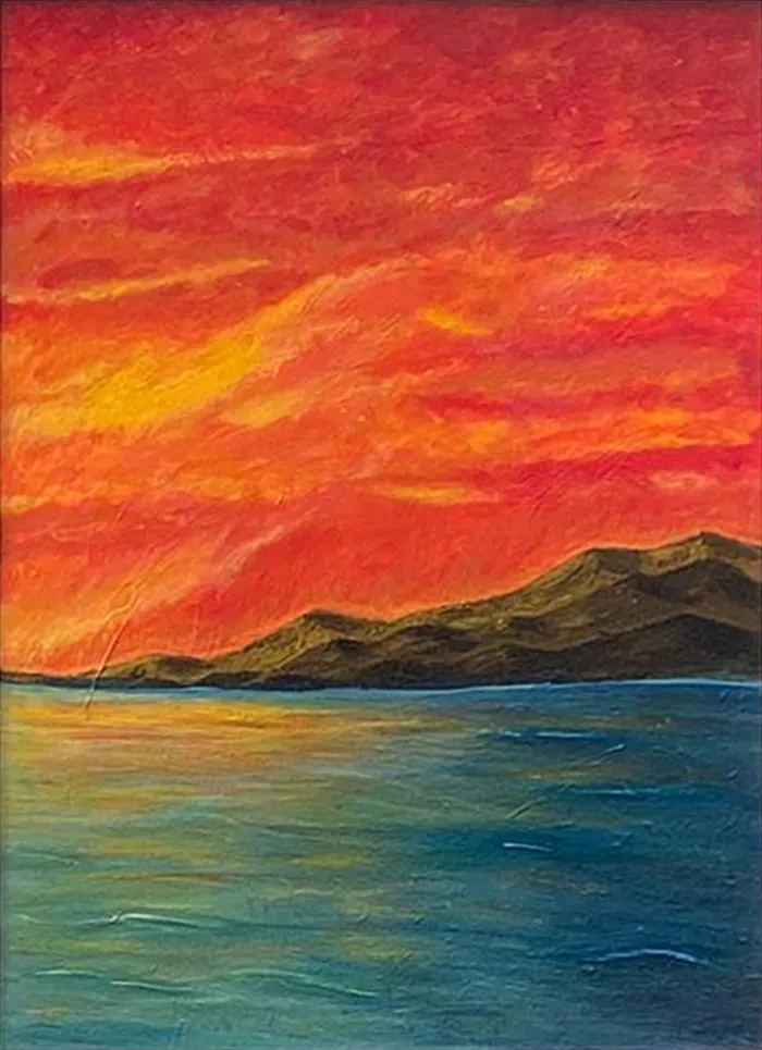 Ember Horizon mixed media painting with a fiery red and gold sunset sky over dark hills and calm teal water