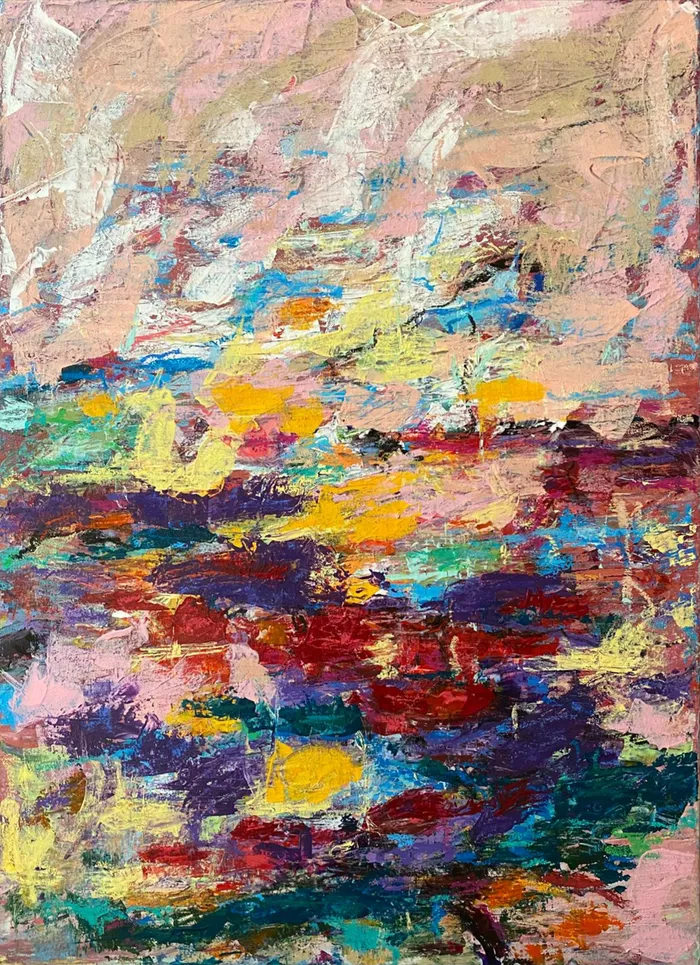 Field Notes abstract mixed media painting with dense impasto strokes of red, violet, yellow, and blue over a blush ground