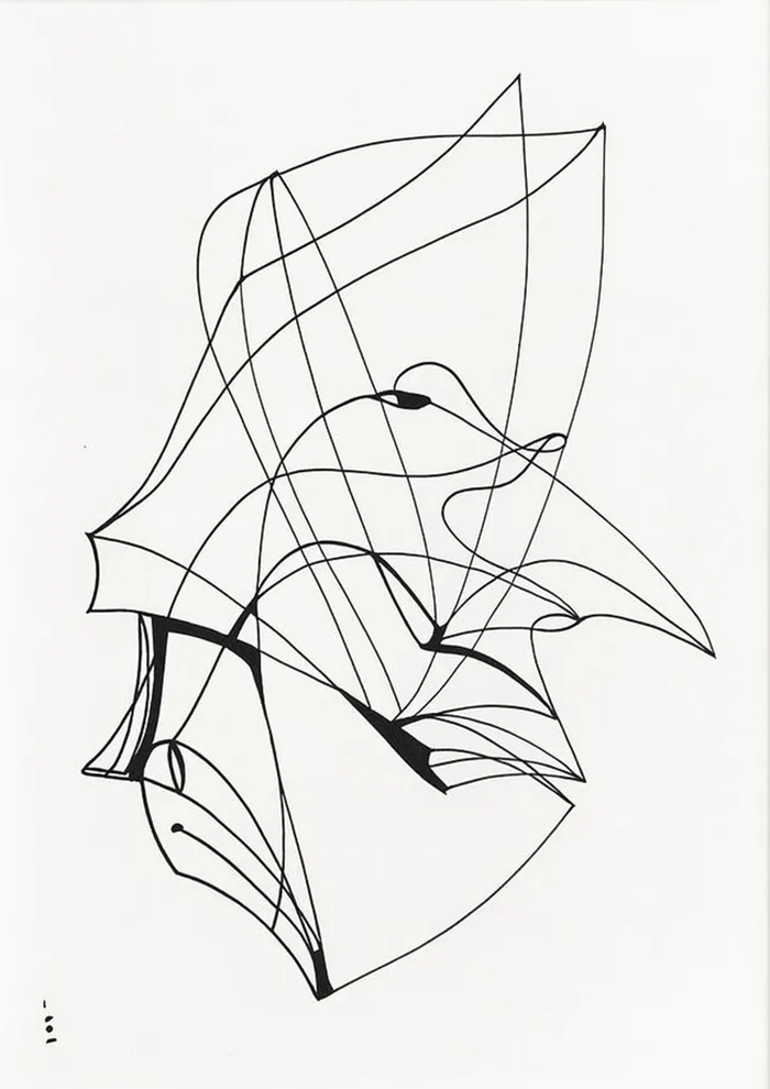 Folded Flight black line artwork with wing-like abstract form
