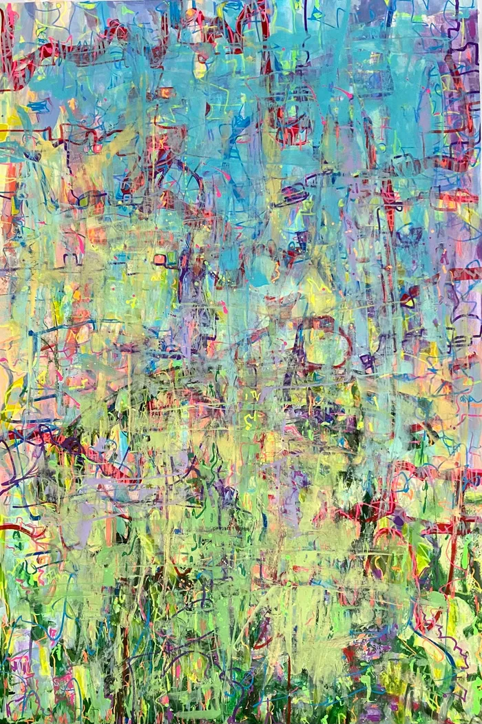 Iridescent Field abstract artwork with blue and green layers over small marks