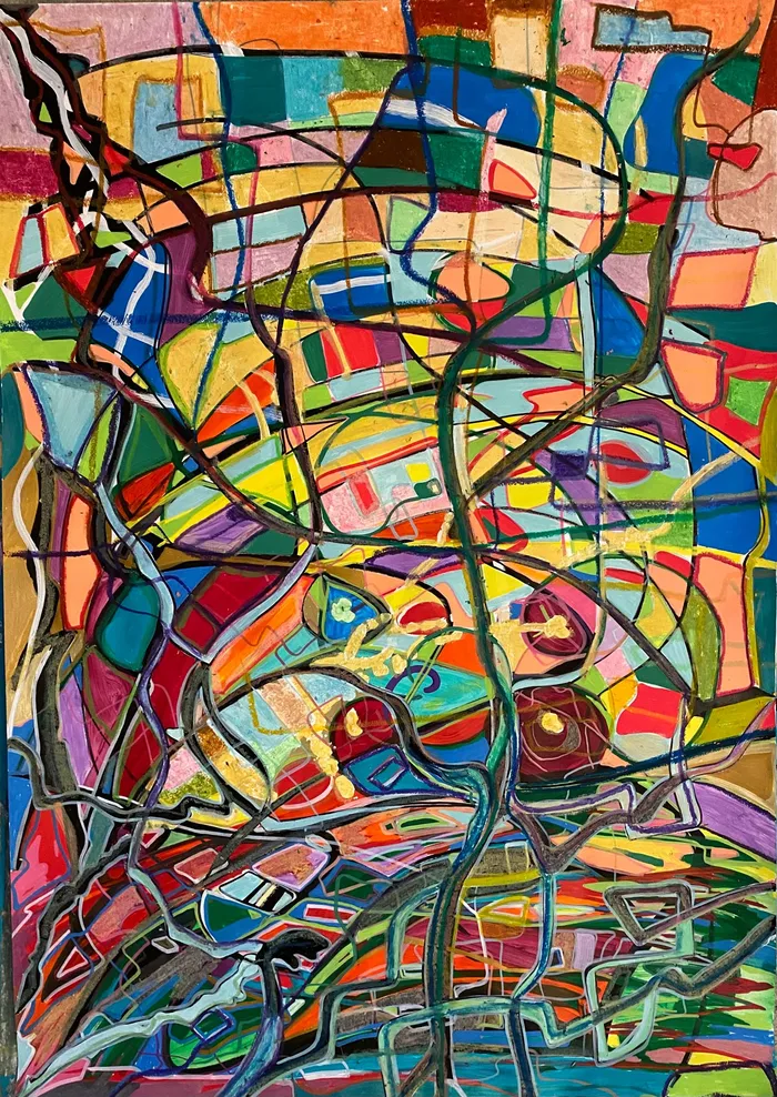 Night Circuit abstract artwork with dense dark lines and charged color
