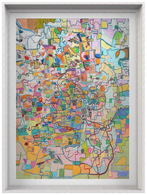 Cartographic Bloom abstract artwork with map-like lines and blooming color zones