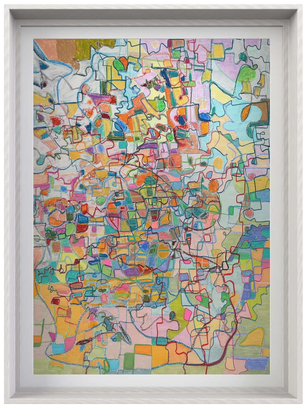 Cartographic Bloom abstract artwork with map-like lines and blooming color zones