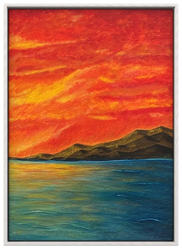 Ember Horizon mixed media painting with a fiery red and gold sunset sky over dark hills and calm teal water