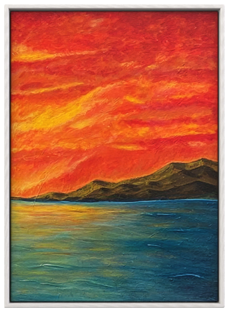 Ember Horizon mixed media painting with a fiery red and gold sunset sky over dark hills and calm teal water