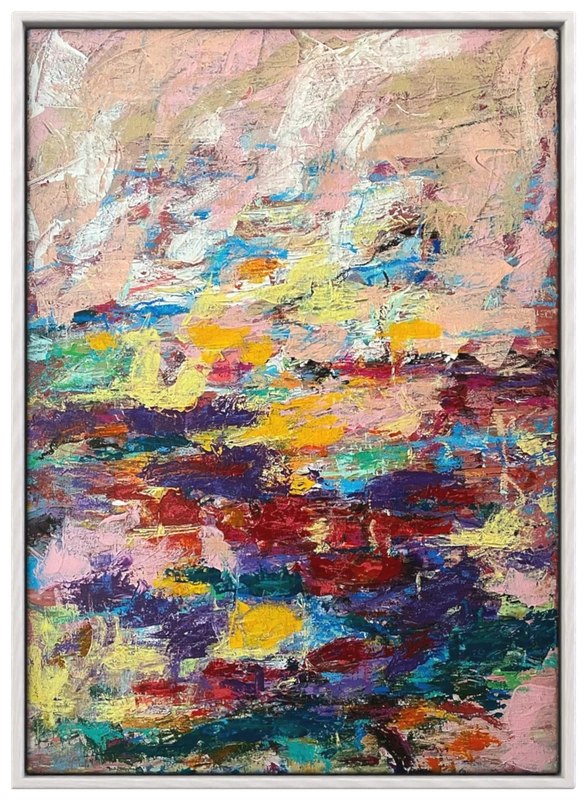 Field Notes abstract mixed media painting with dense impasto strokes of red, violet, yellow, and blue over a blush ground