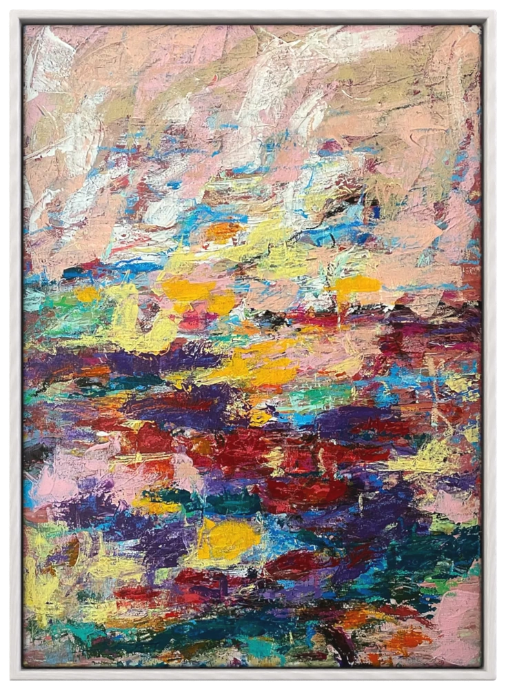 Field Notes abstract mixed media painting with dense impasto strokes of red, violet, yellow, and blue over a blush ground