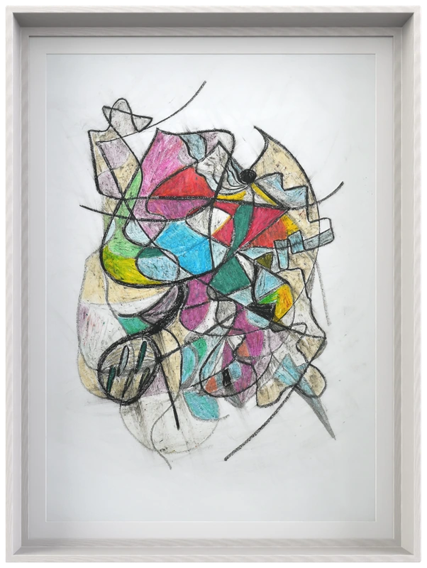 Folding Signal abstract artwork with colored fragments and black linework