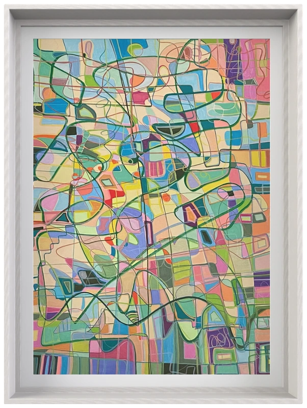 Soft City abstract artwork with layered color fields and map-like linework