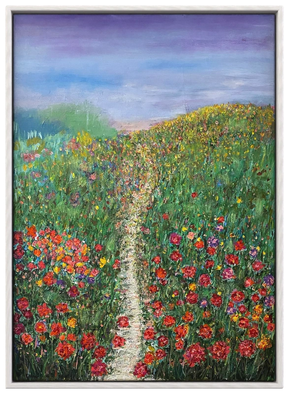 The Field Opens artwork with a path through dense color and flower-like marks