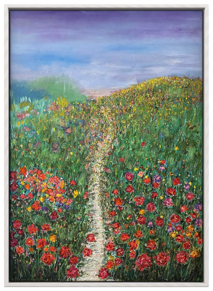 The Field Opens artwork with a path through dense color and flower-like marks
