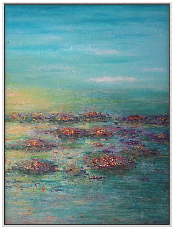 Water Garden abstract artwork with blue horizon and soft clustered color marks