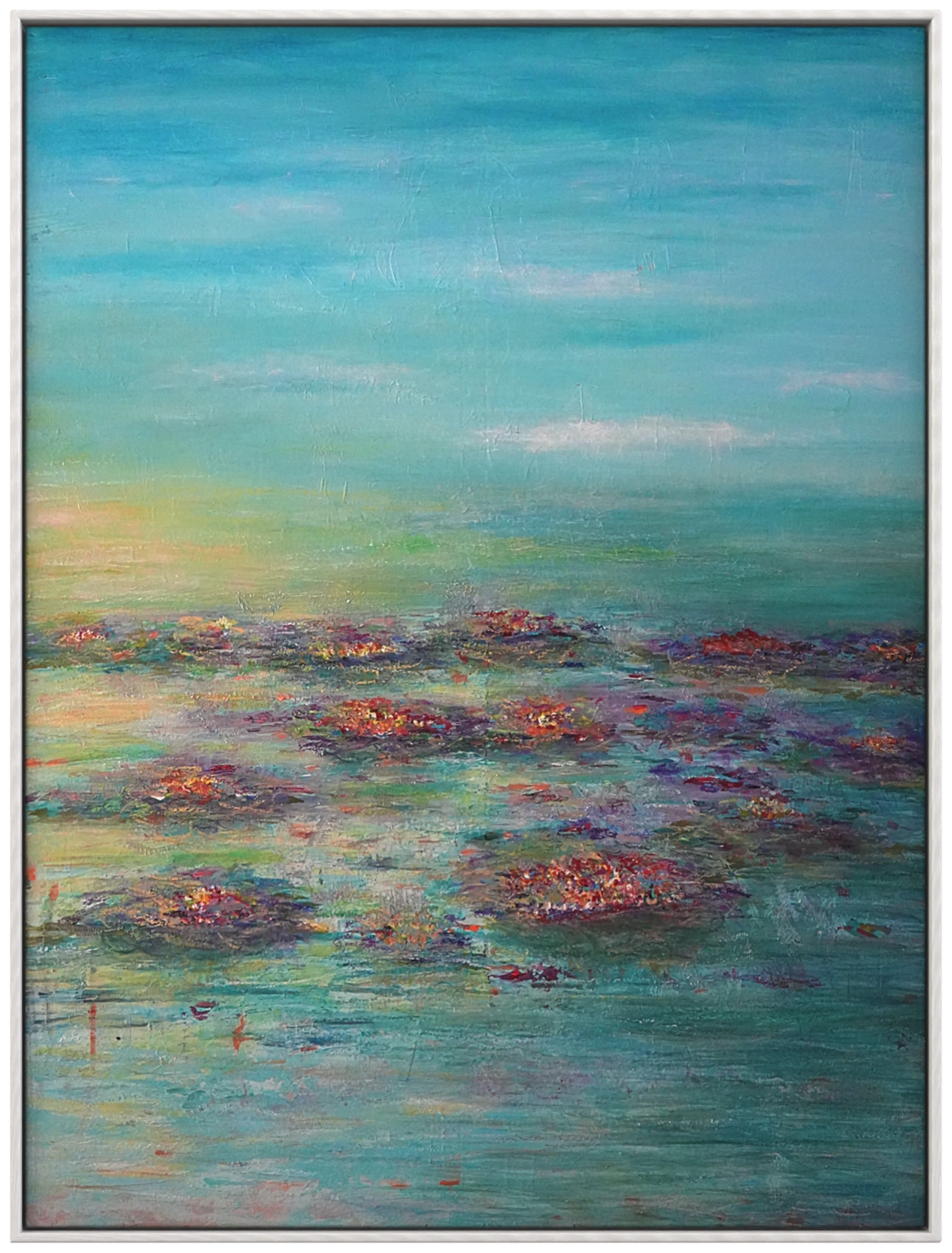 Water Garden abstract artwork with blue horizon and soft clustered color marks
