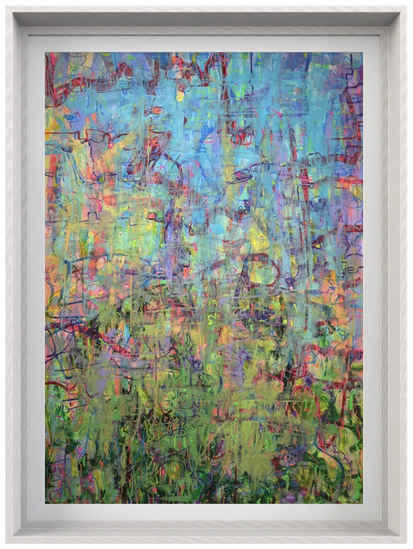 Iridescent Field abstract artwork with blue and green layers over small marks
