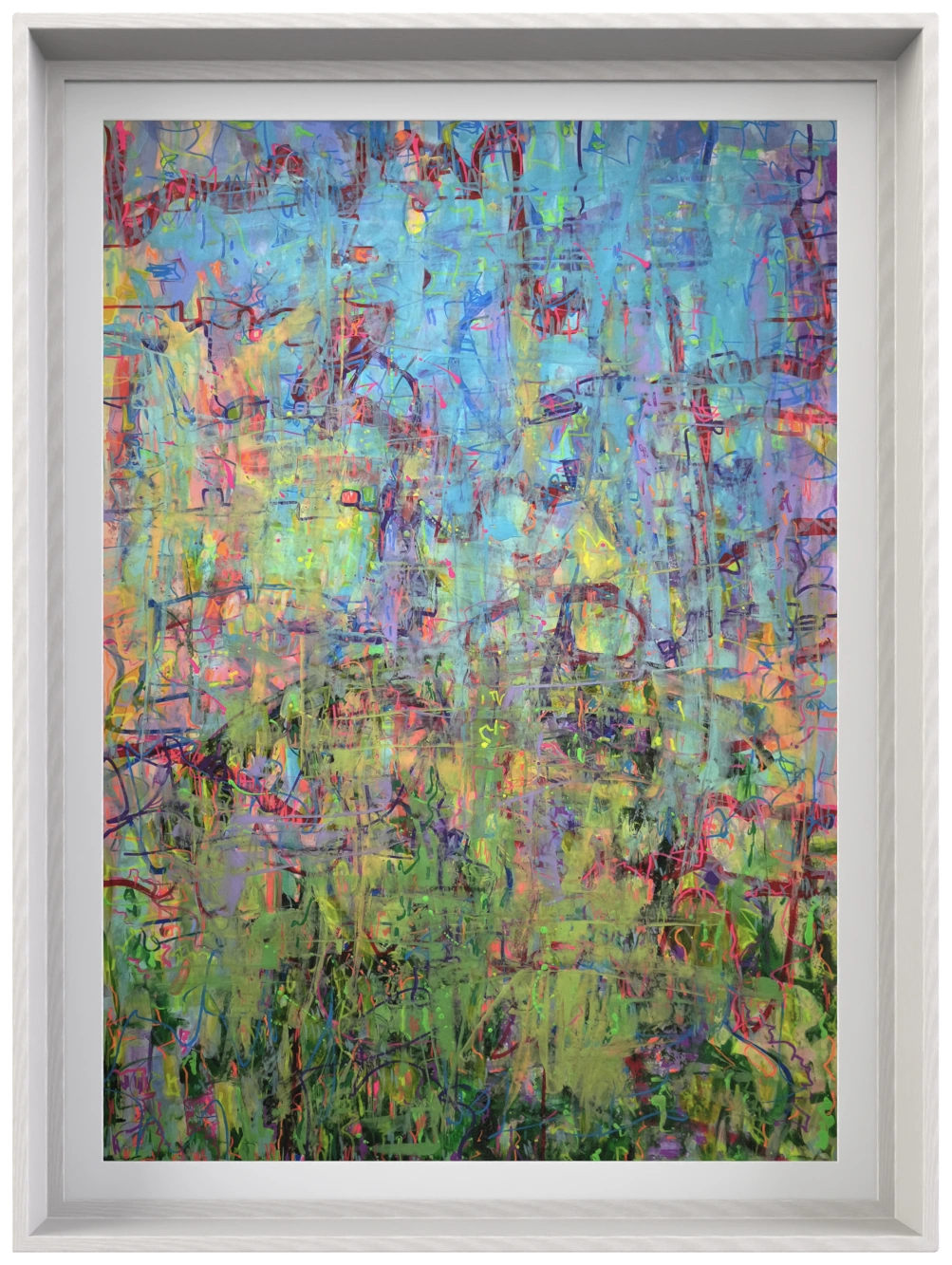 Iridescent Field abstract artwork with blue and green layers over small marks