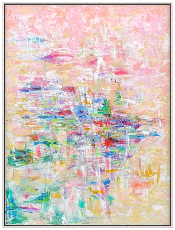 Abstract painting with pale pink and white layers around bright blue, green and yellow marks