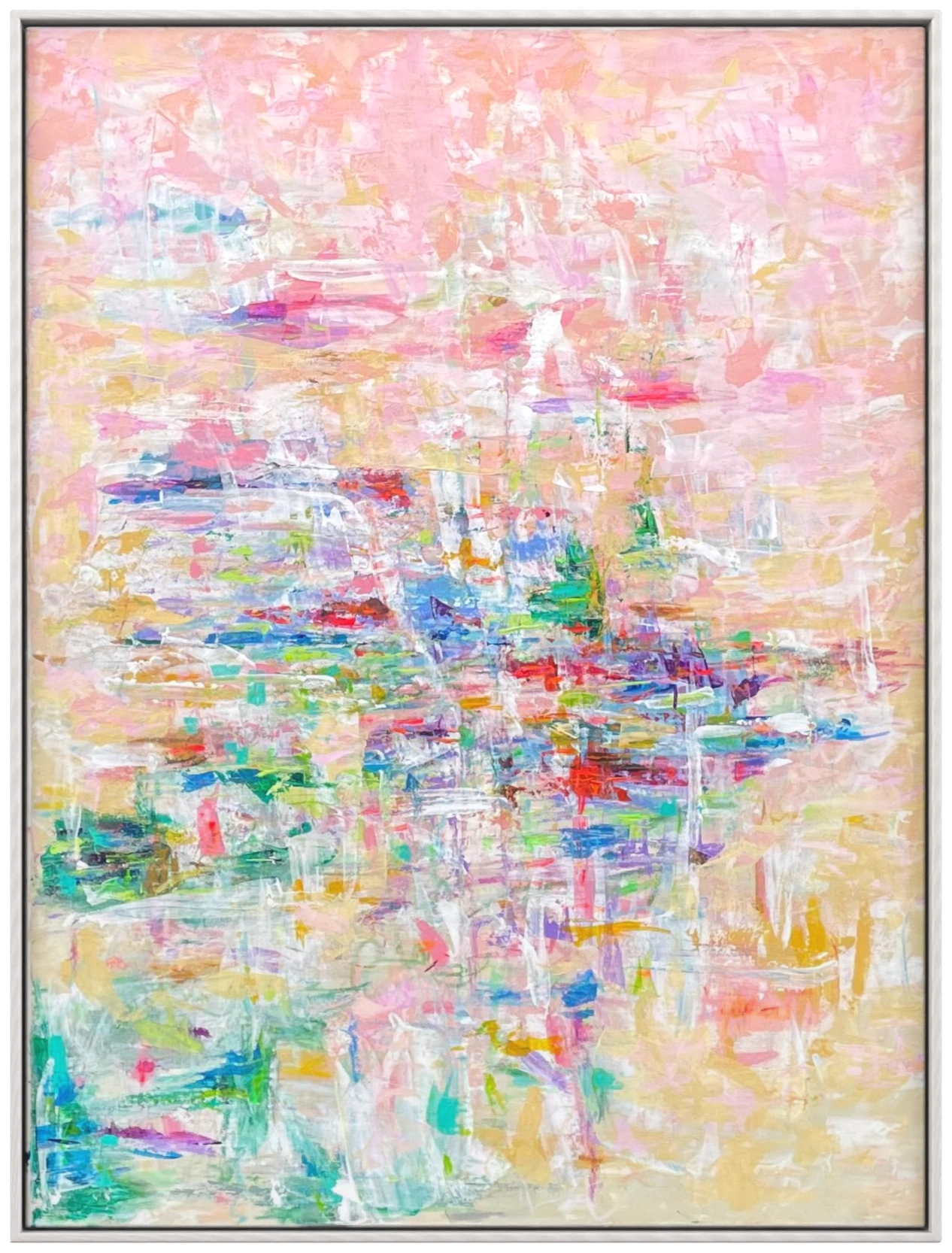 Abstract painting with pale pink and white layers around bright blue, green and yellow marks