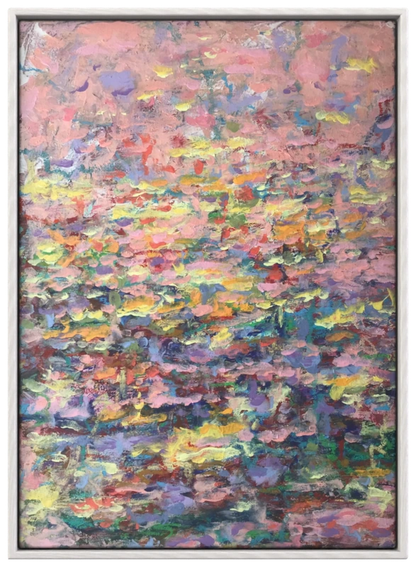 Abstract painting with dense rose, lilac, yellow and turquoise strokes