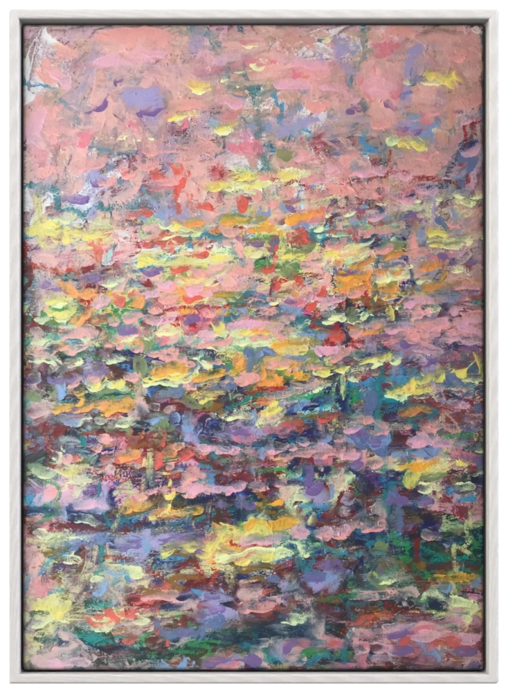 Abstract painting with dense rose, lilac, yellow and turquoise strokes