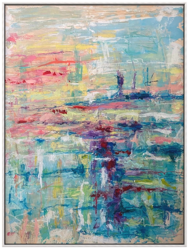 Abstract painting with turquoise and pale blue fields crossed by rose and deep violet strokes