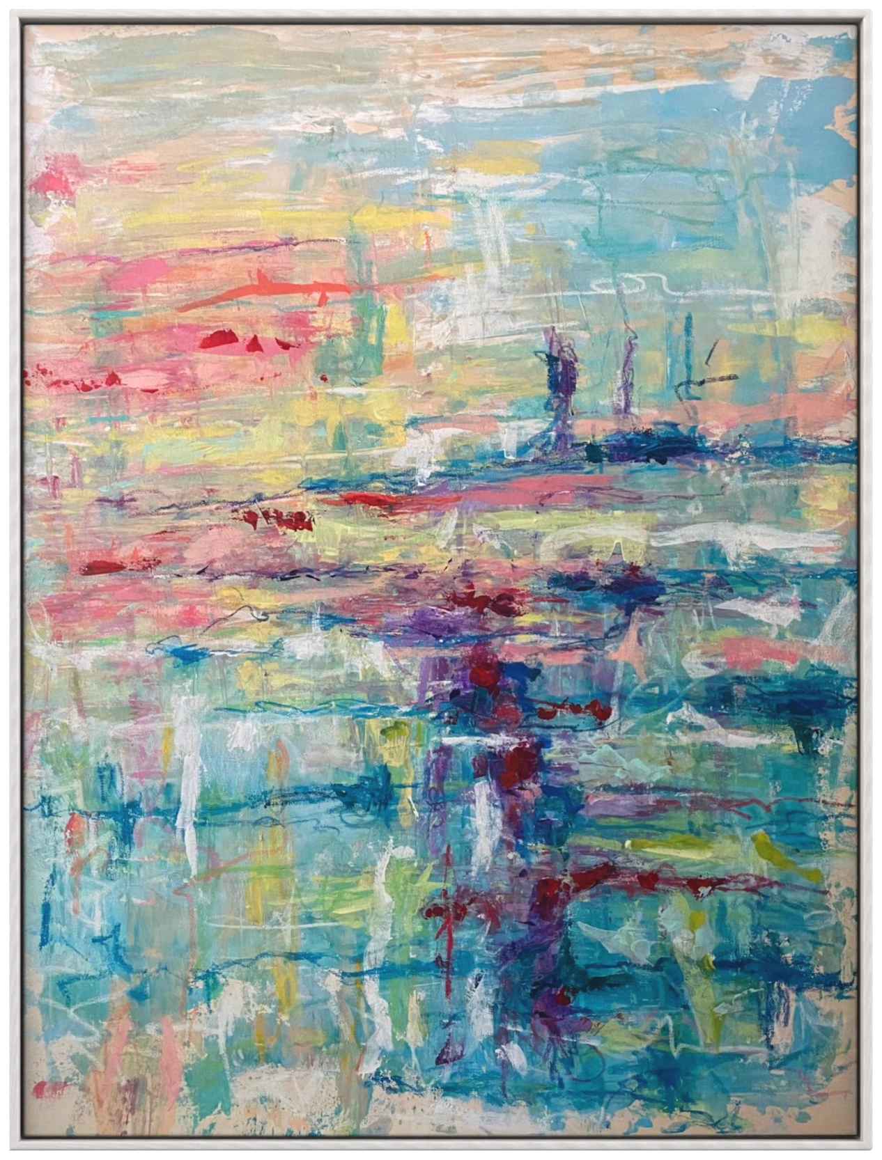Abstract painting with turquoise and pale blue fields crossed by rose and deep violet strokes