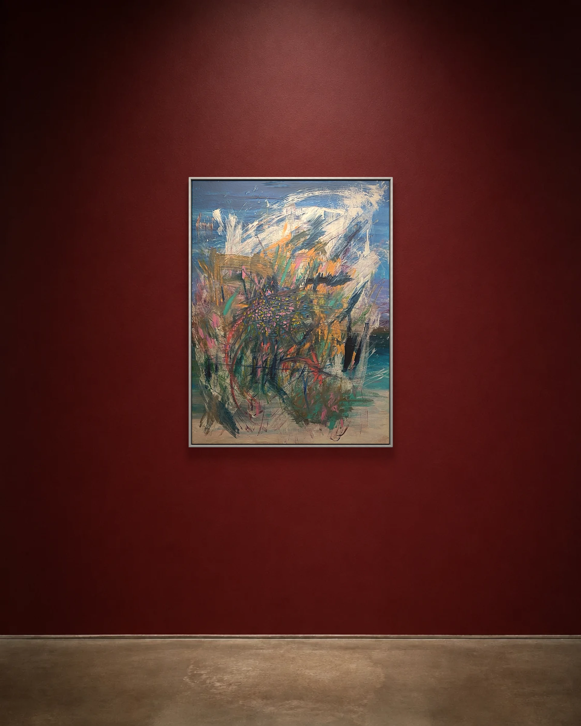 Blue Surge shown framed on a burgundy wall