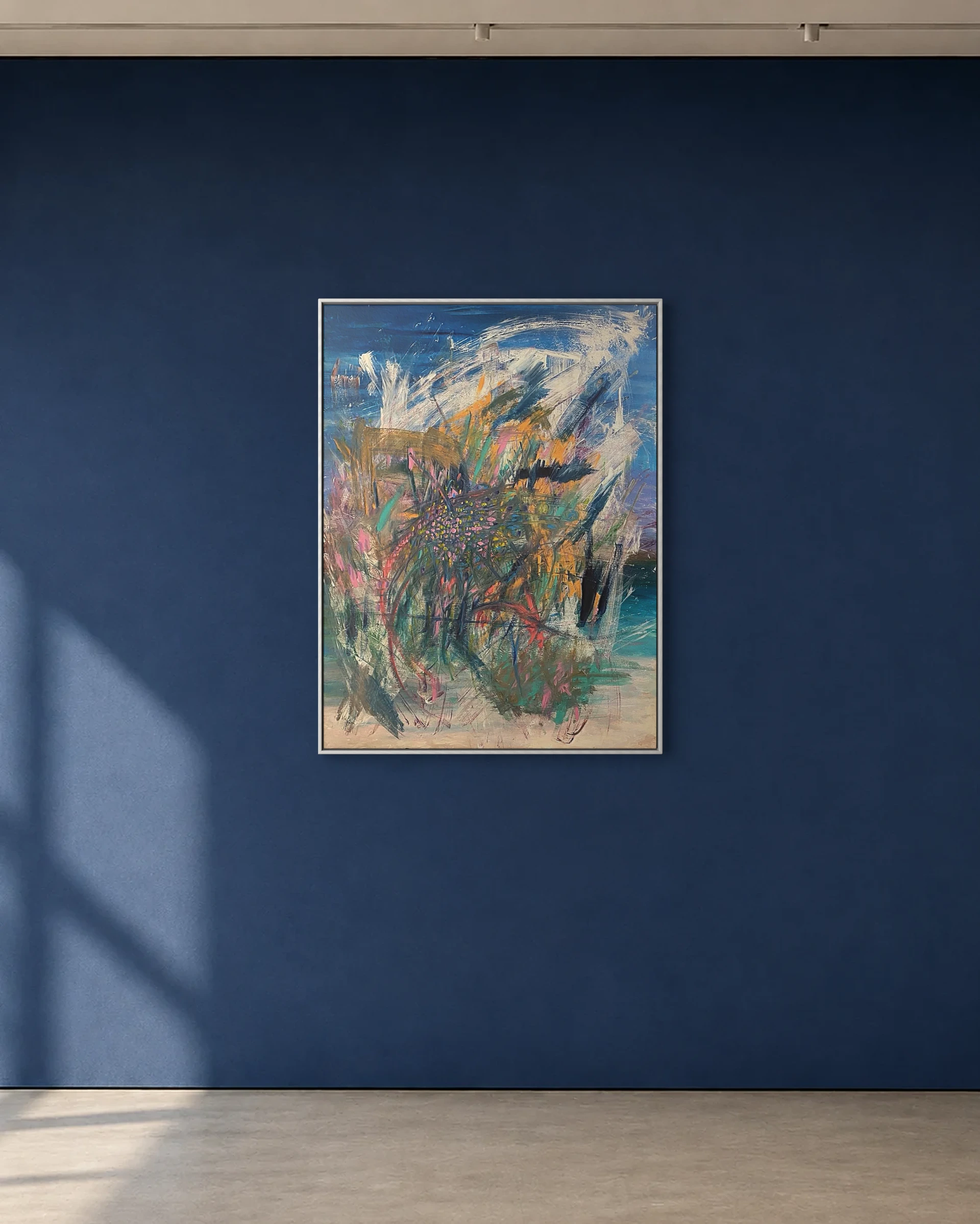Blue Surge shown framed on a deep blue gallery wall