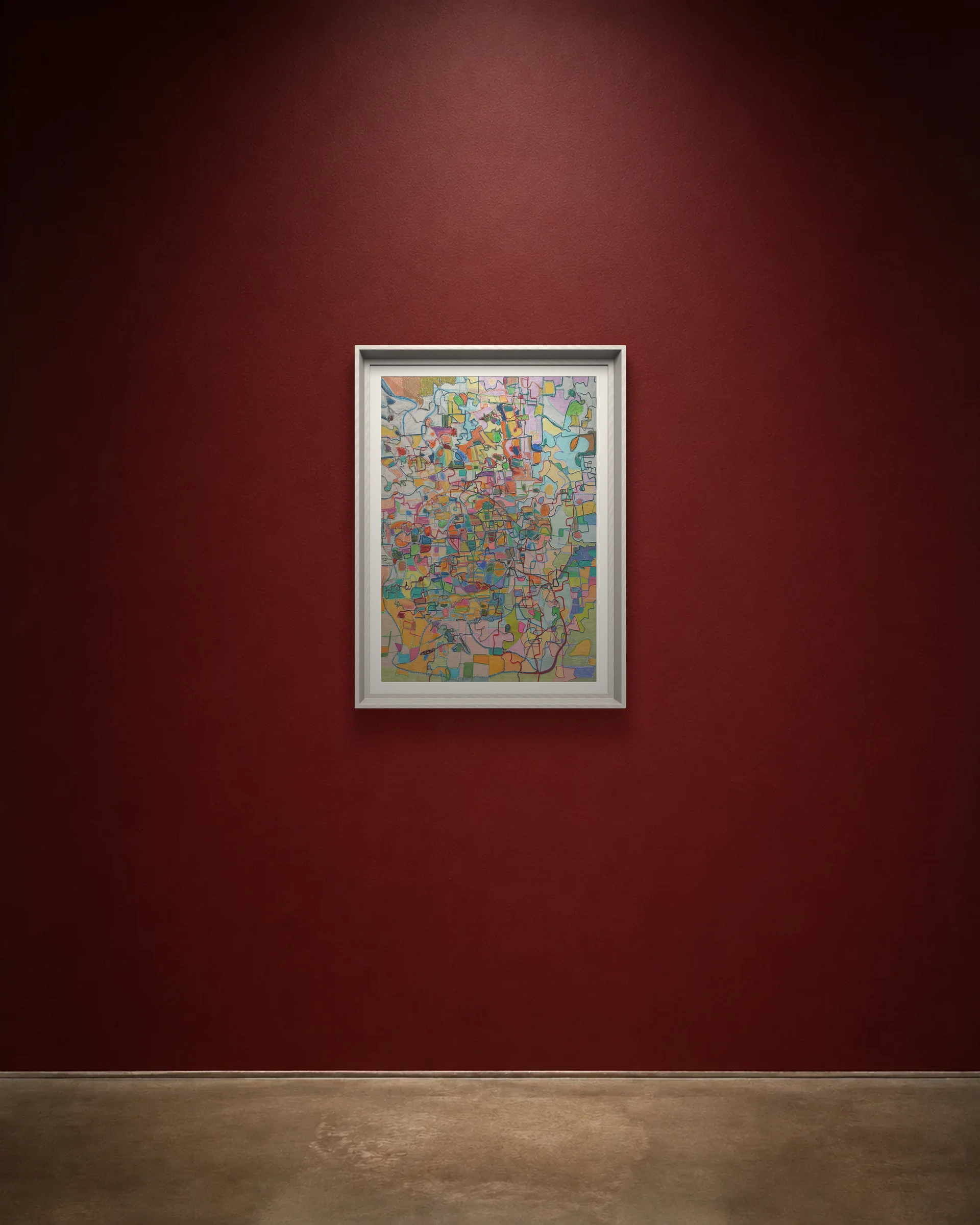 Cartographic Bloom shown framed on a burgundy wall