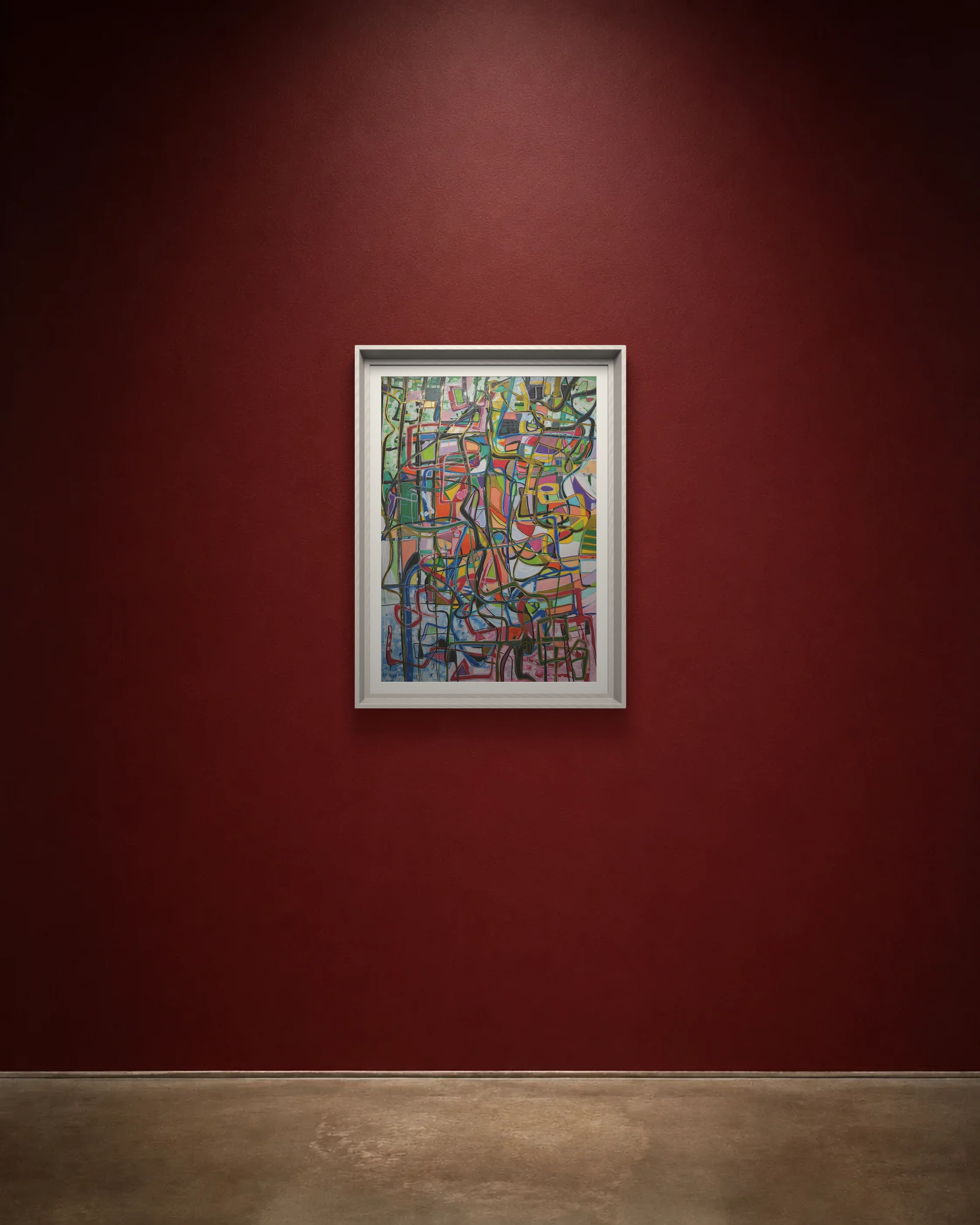 Color Grid Current shown framed on a burgundy wall