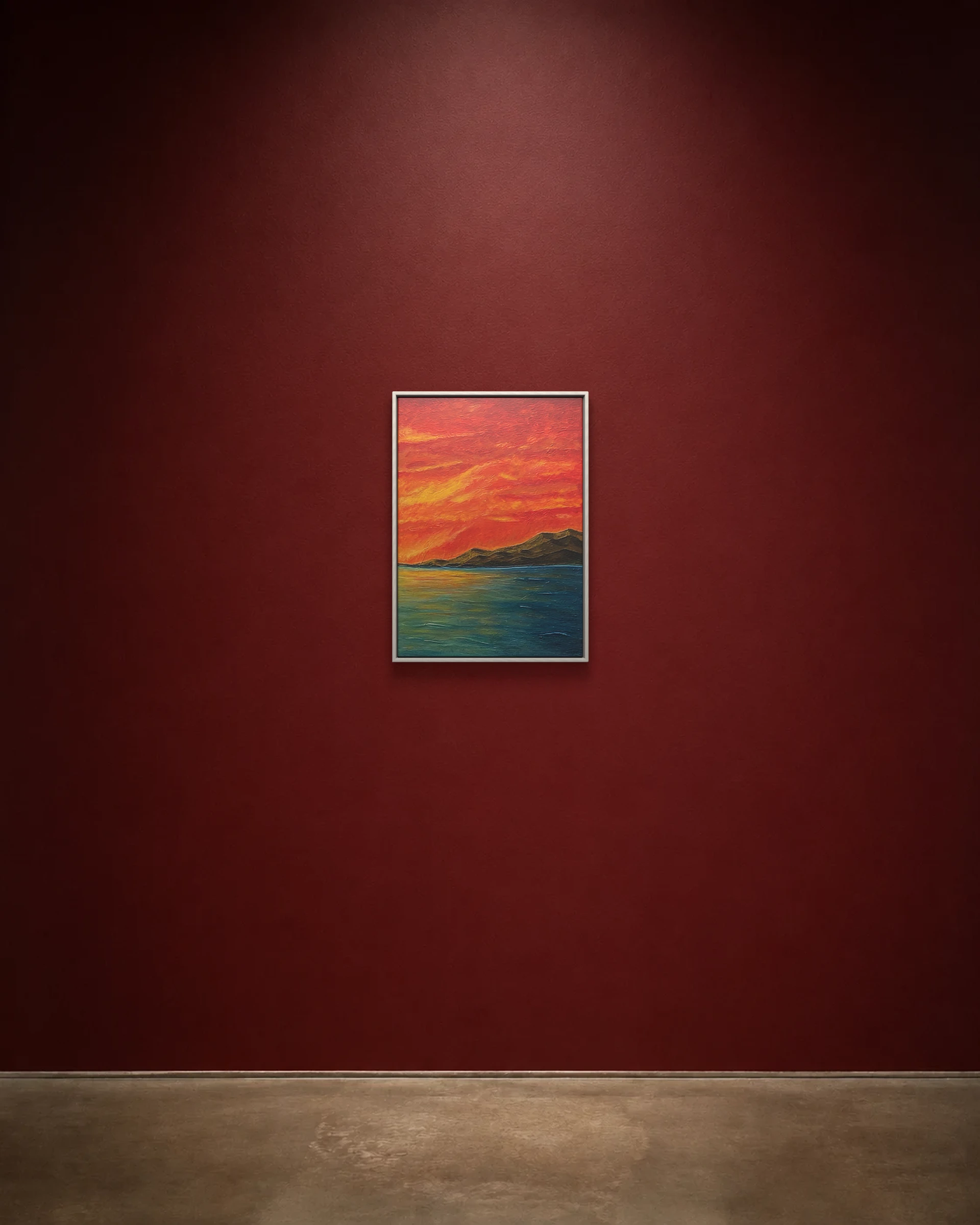 Ember Horizon shown framed on a burgundy wall
