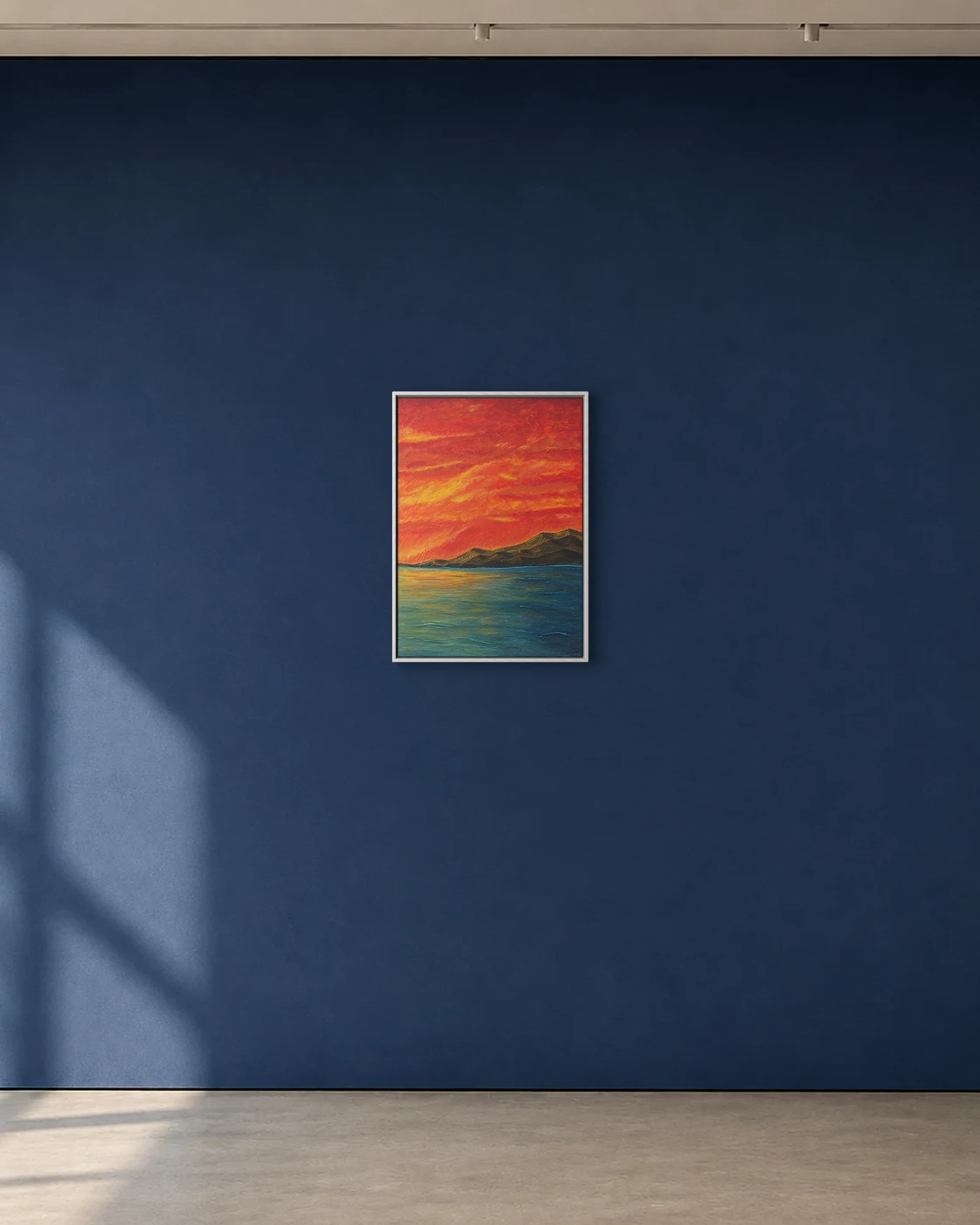 Ember Horizon shown framed on a deep blue gallery wall