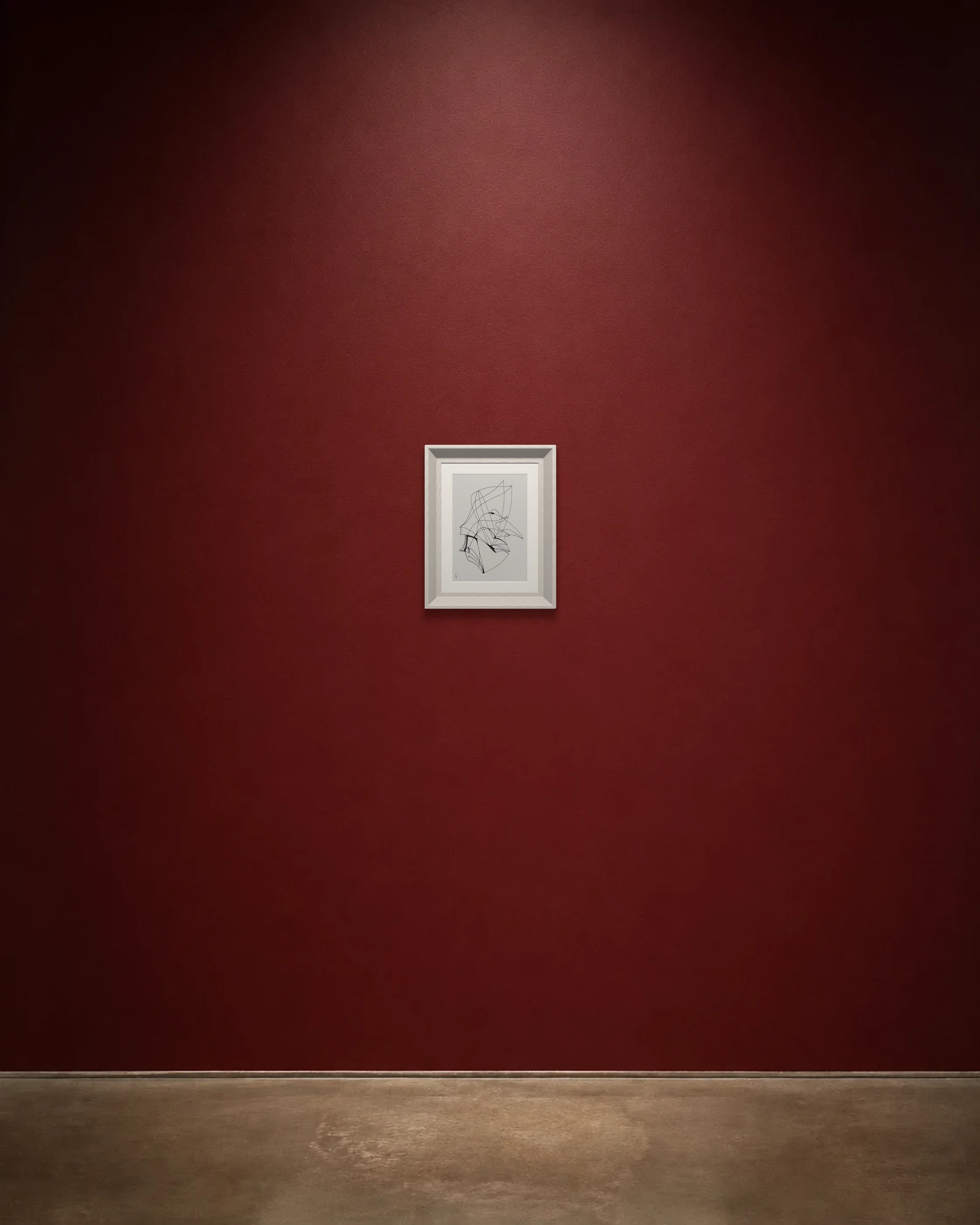 Folded Flight shown framed on a burgundy wall