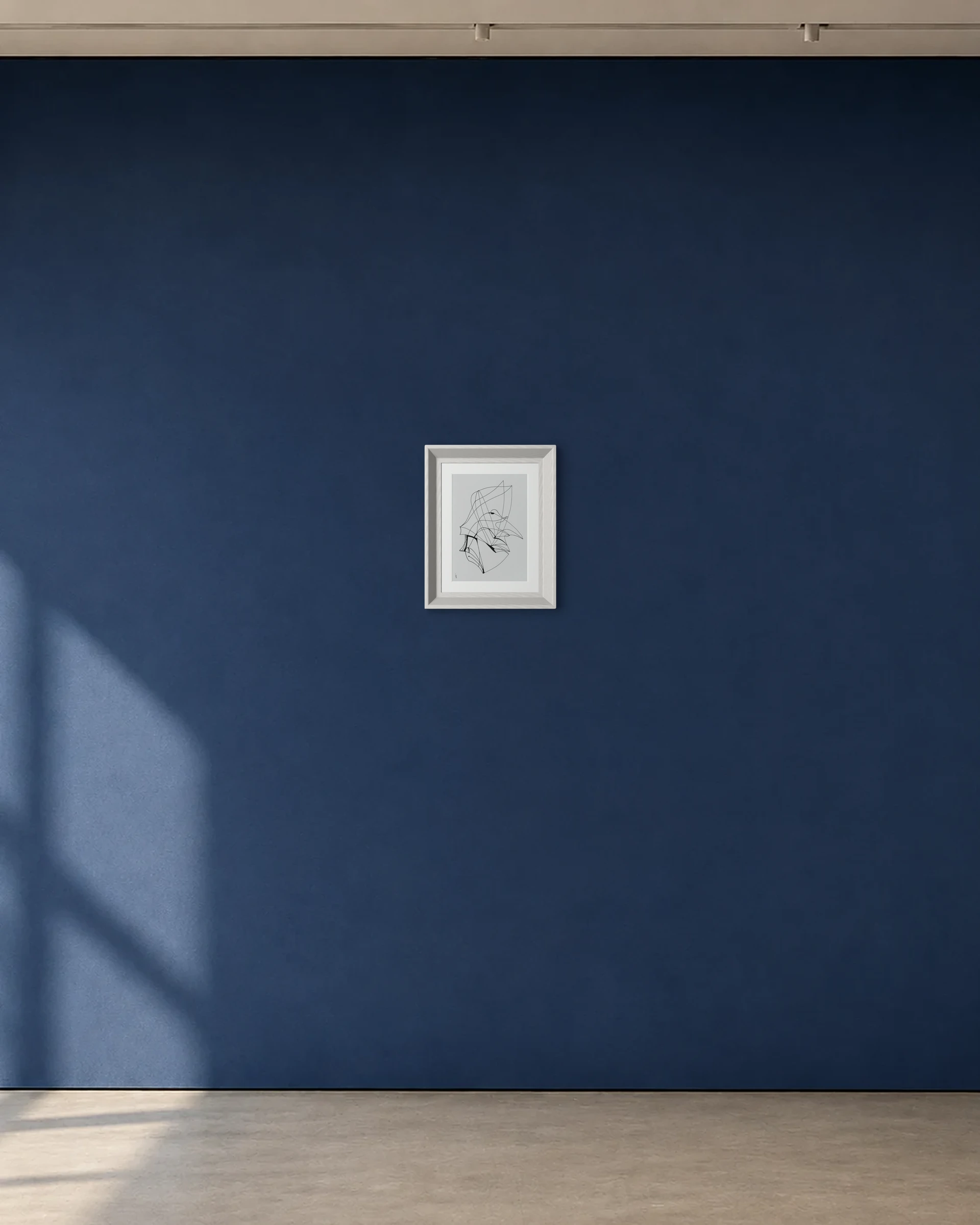 Folded Flight shown framed on a deep blue gallery wall