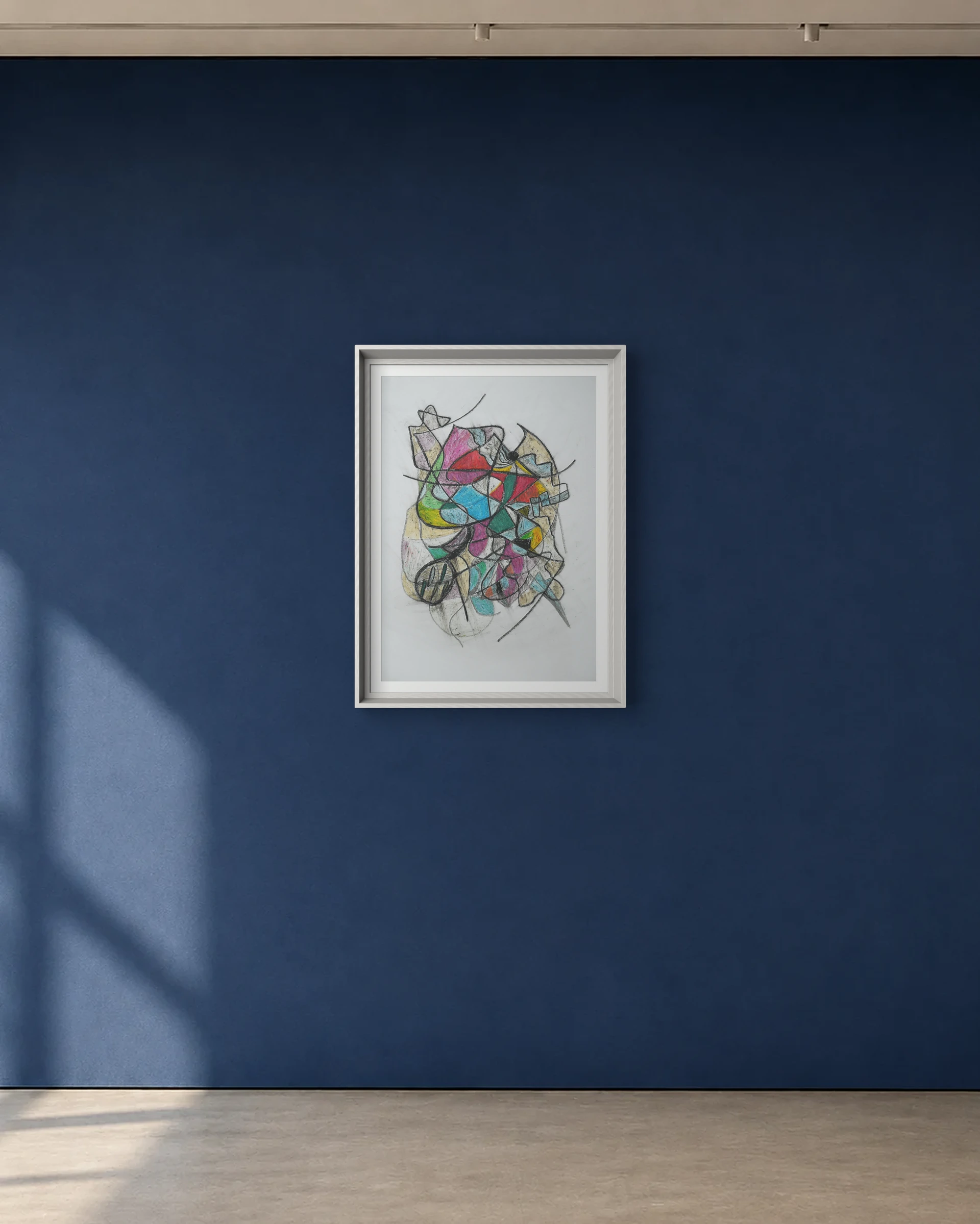 Folding Signal shown framed on a deep blue gallery wall