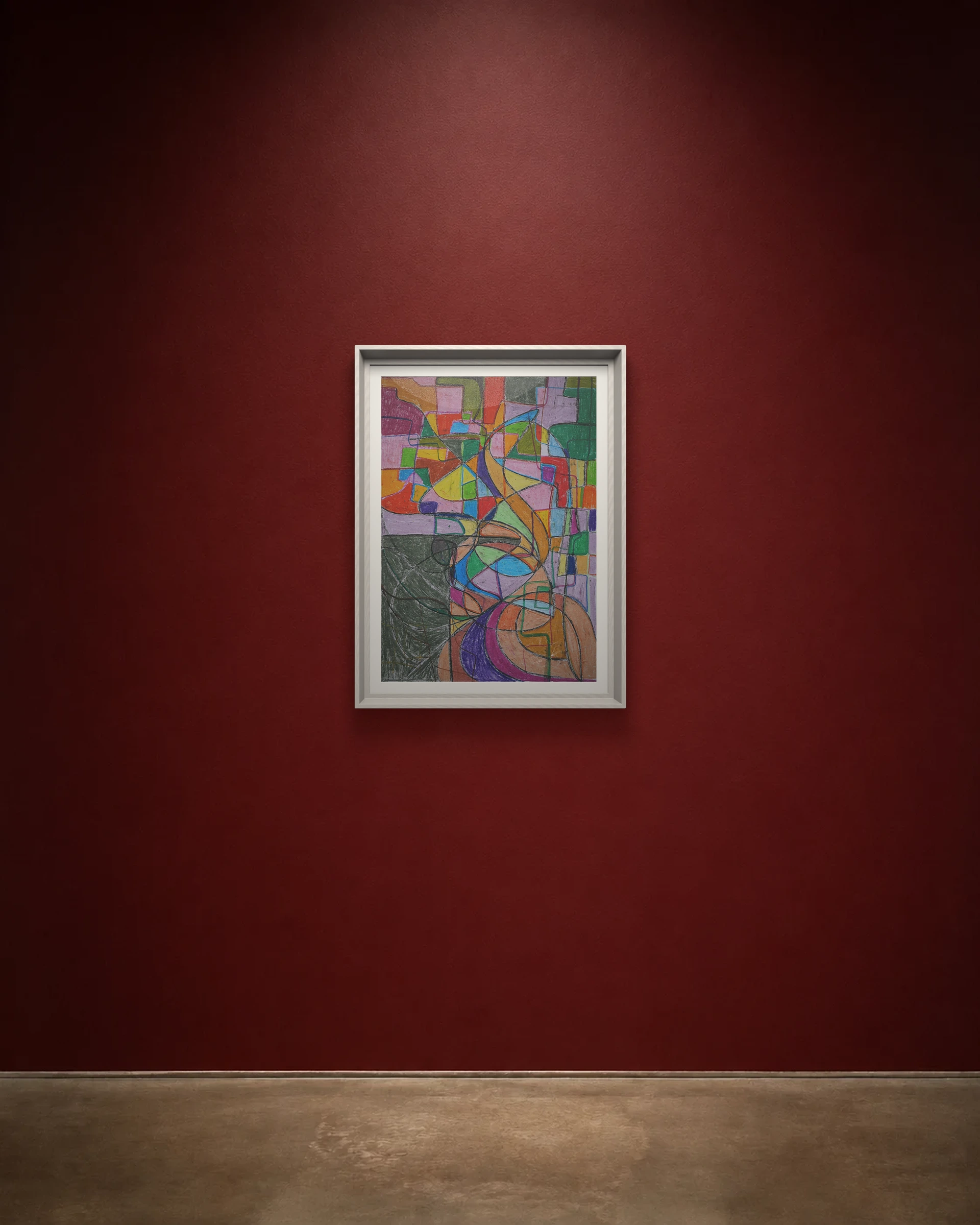 Fragmented Signal shown framed on a burgundy wall