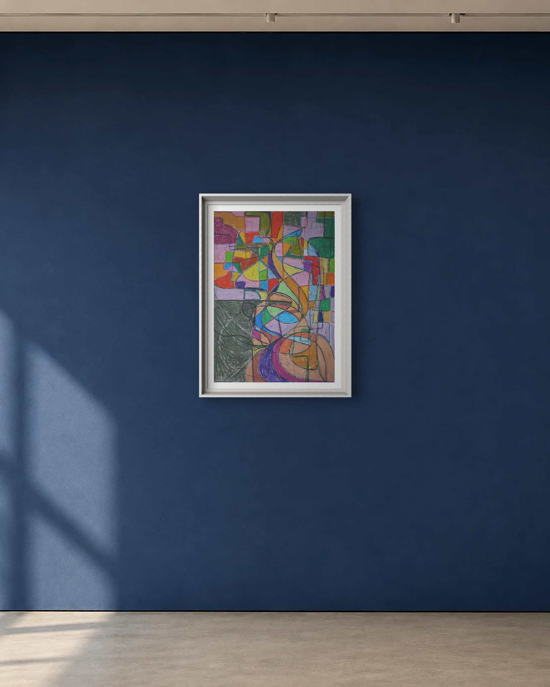 Fragmented Signal shown framed on a deep blue gallery wall