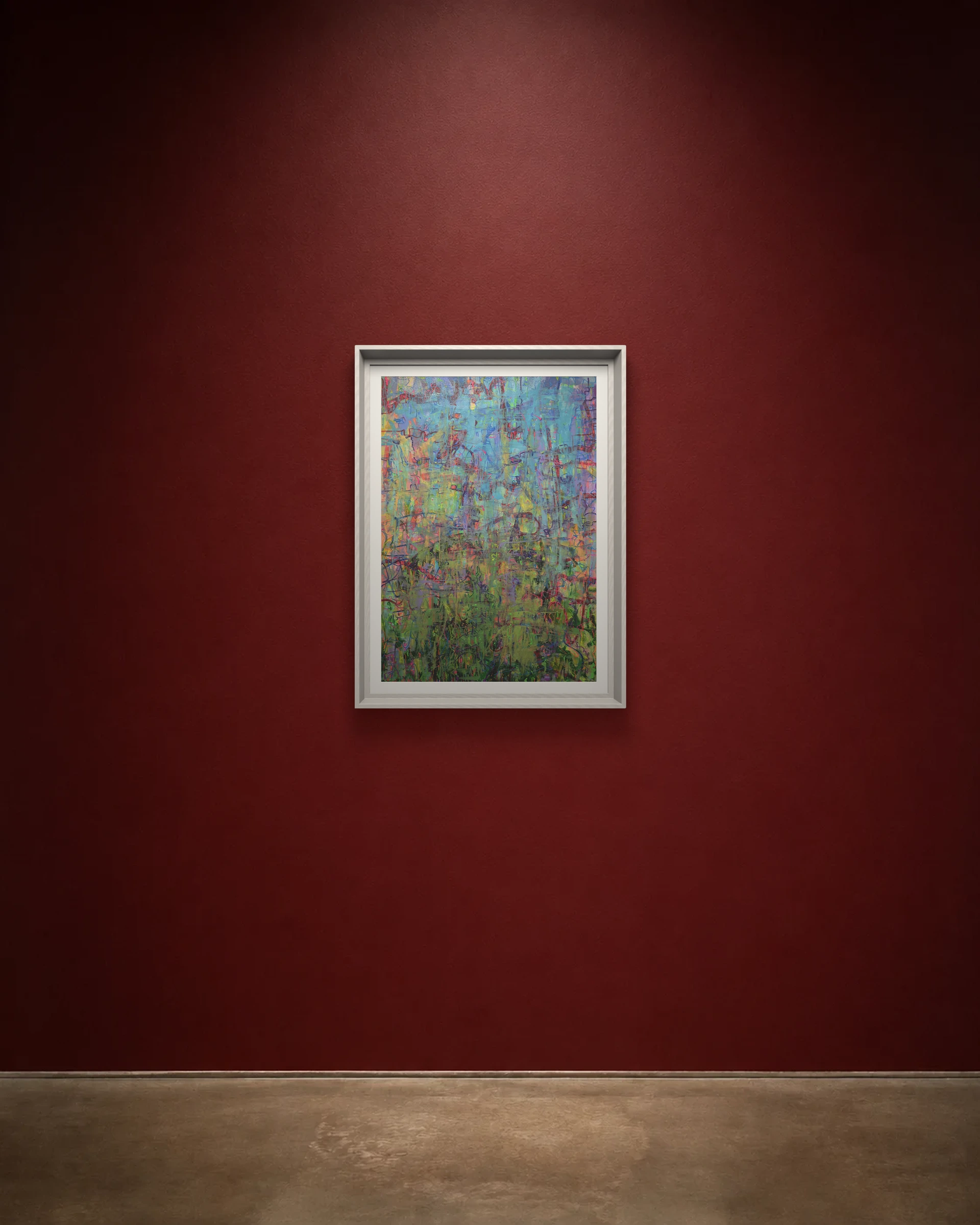 Iridescent Field shown framed on a burgundy wall