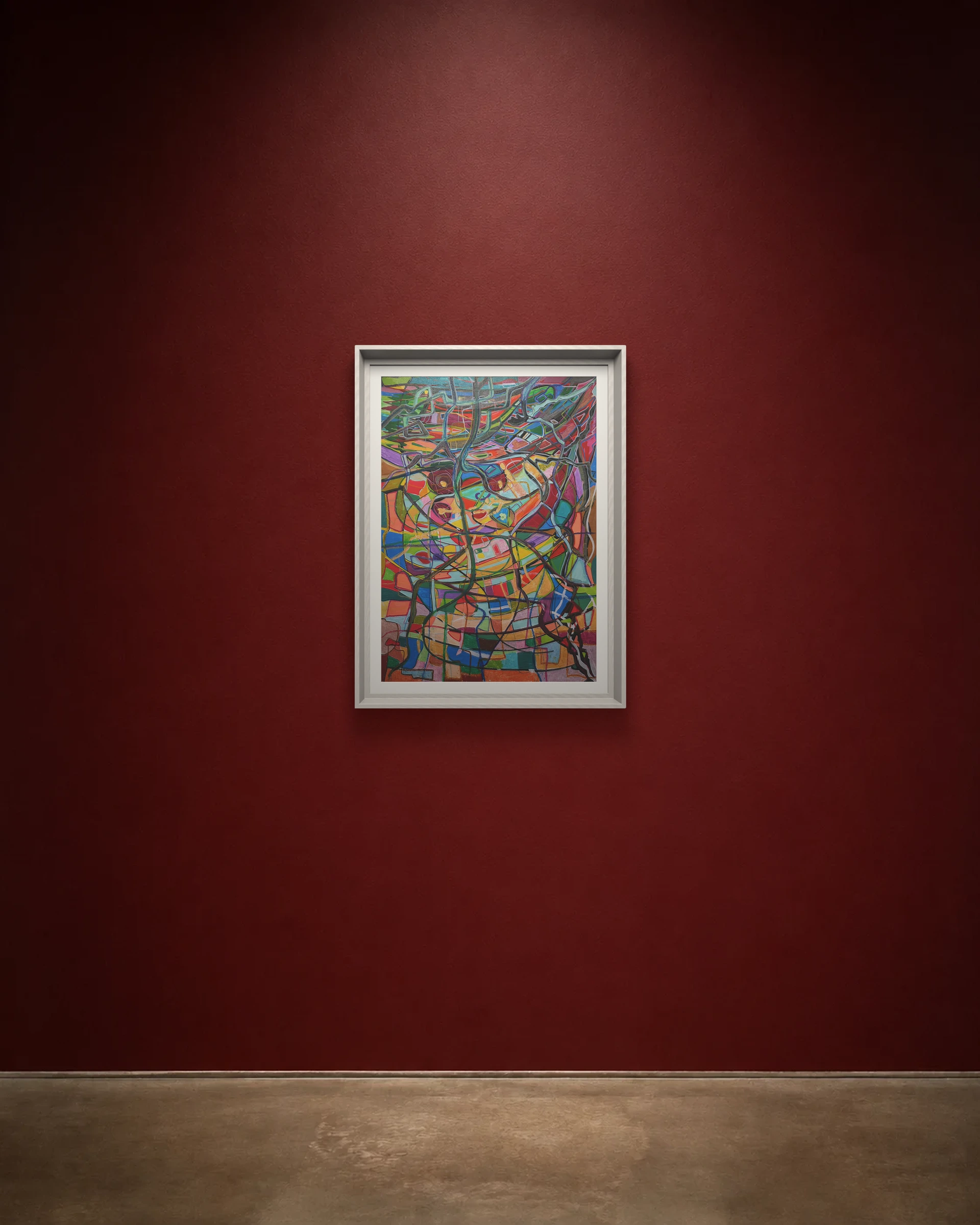 Night Circuit shown framed on a burgundy wall