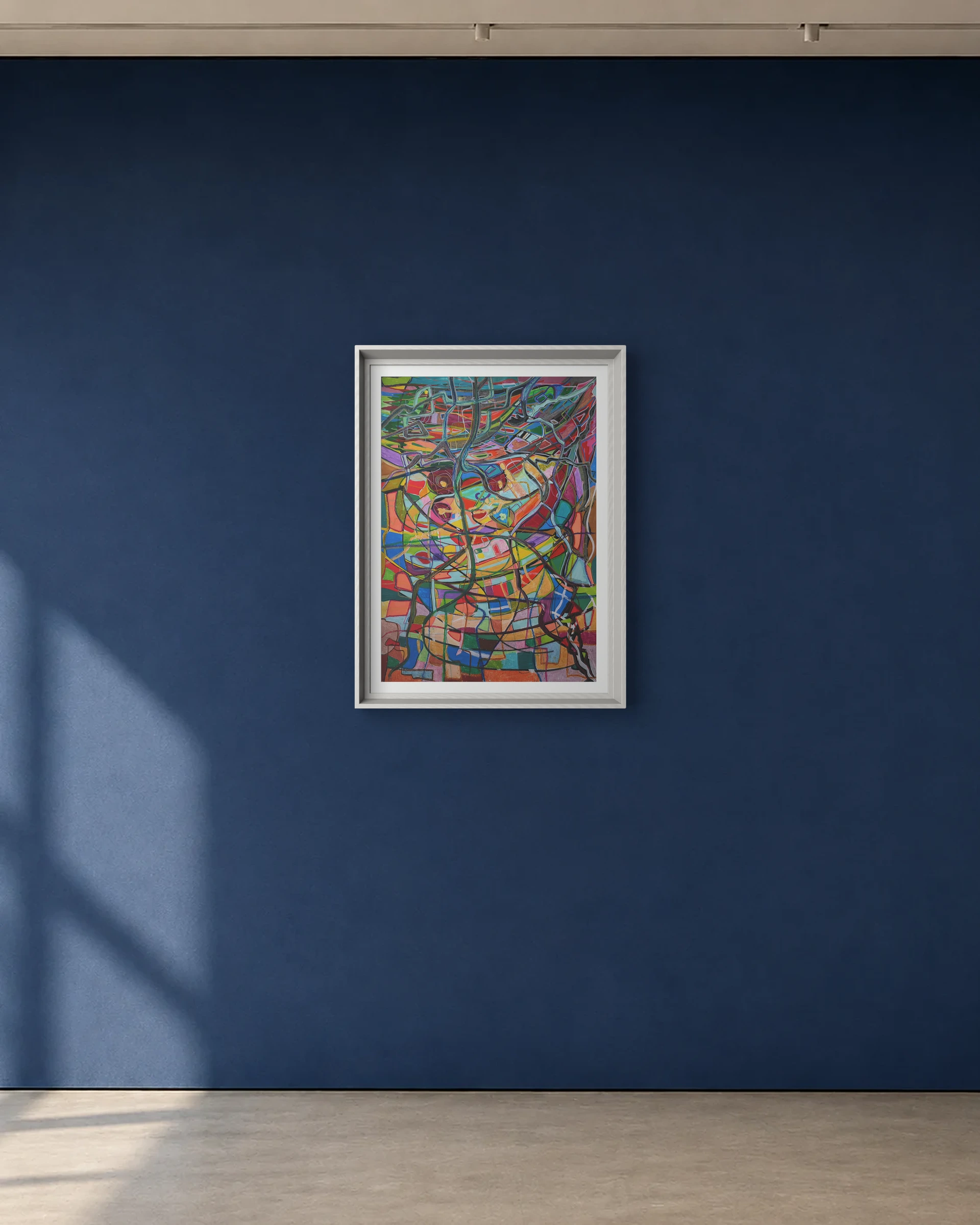 Night Circuit shown framed on a deep blue gallery wall