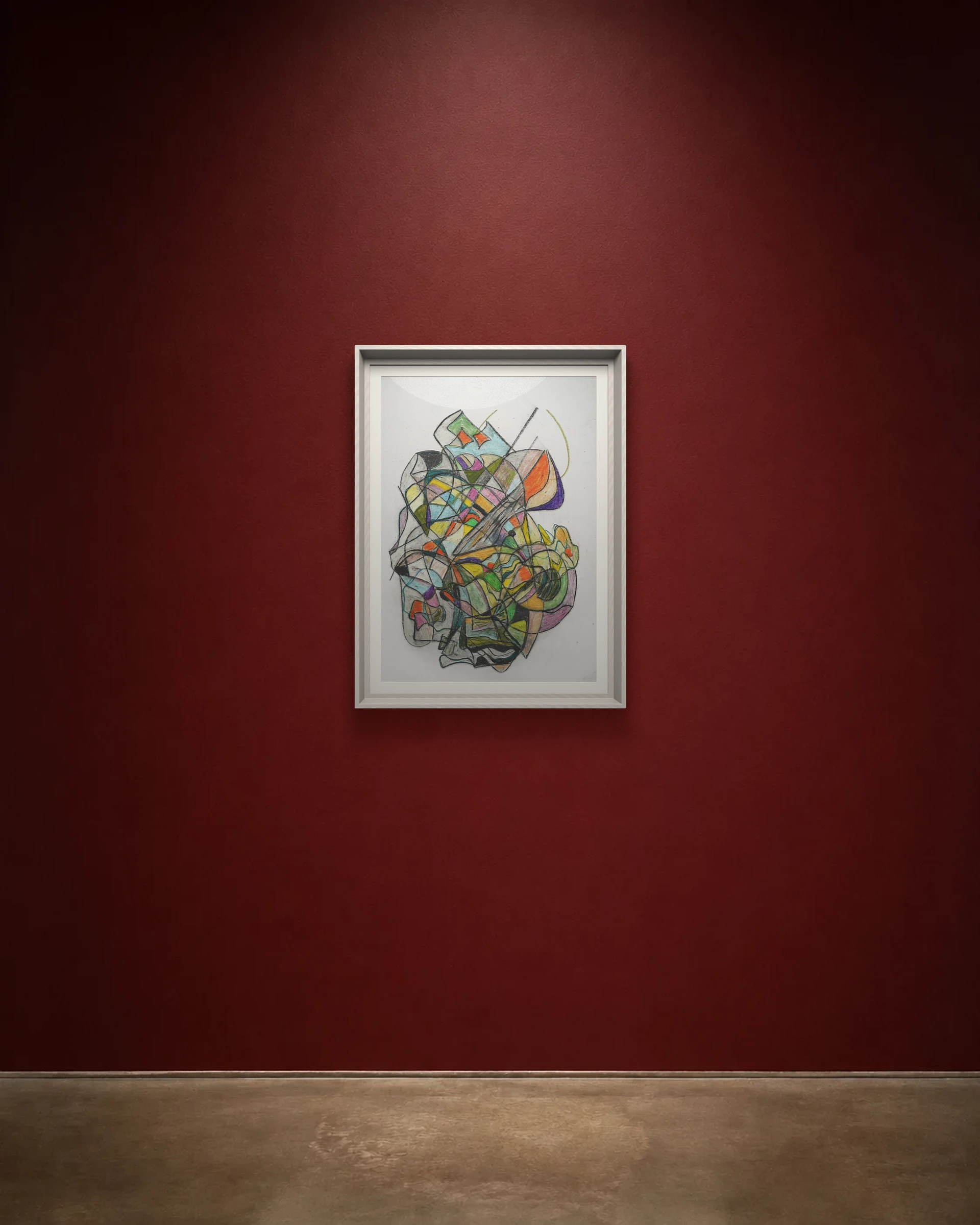 Small Broken Garden shown framed on a burgundy wall