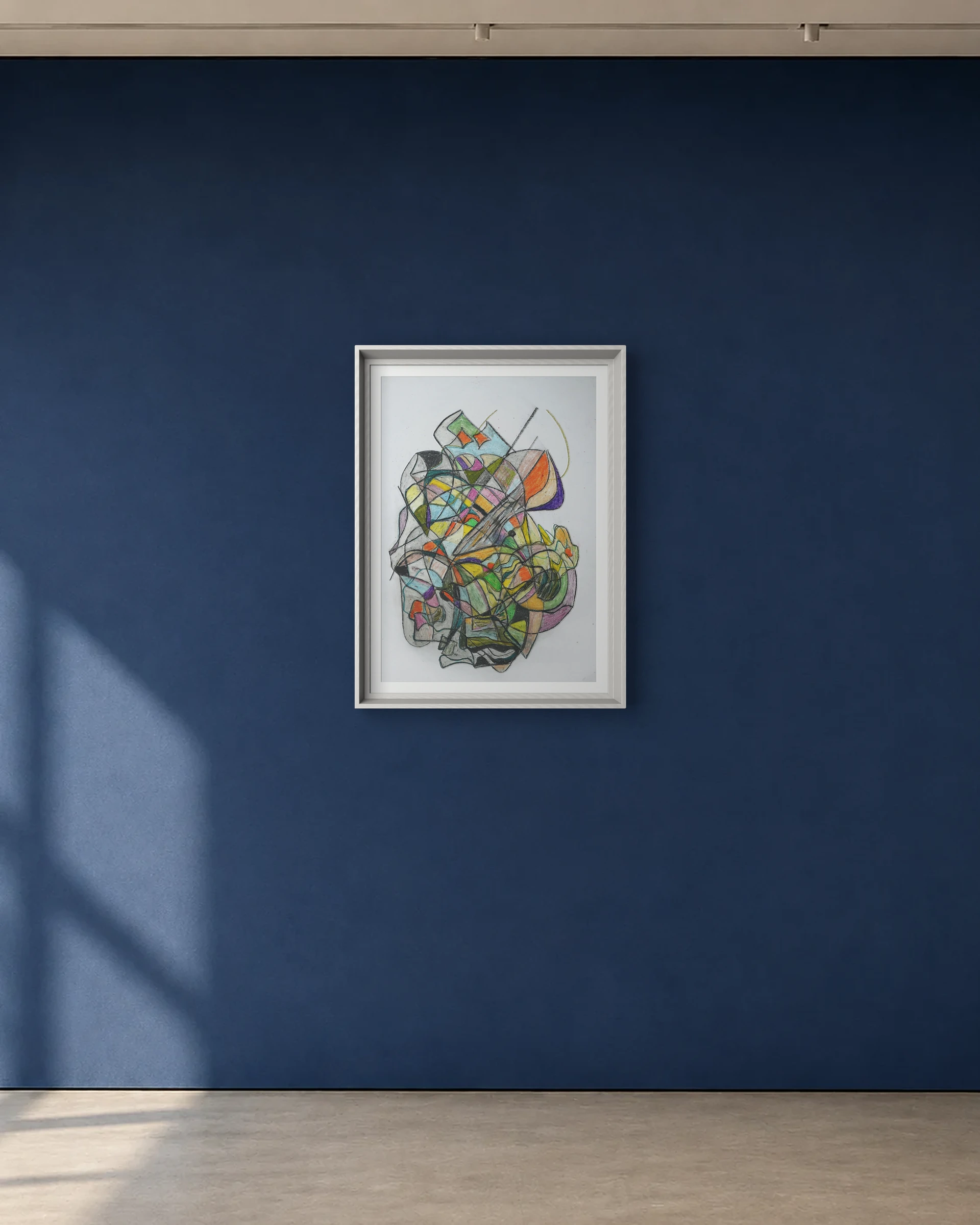 Small Broken Garden shown framed on a deep blue gallery wall