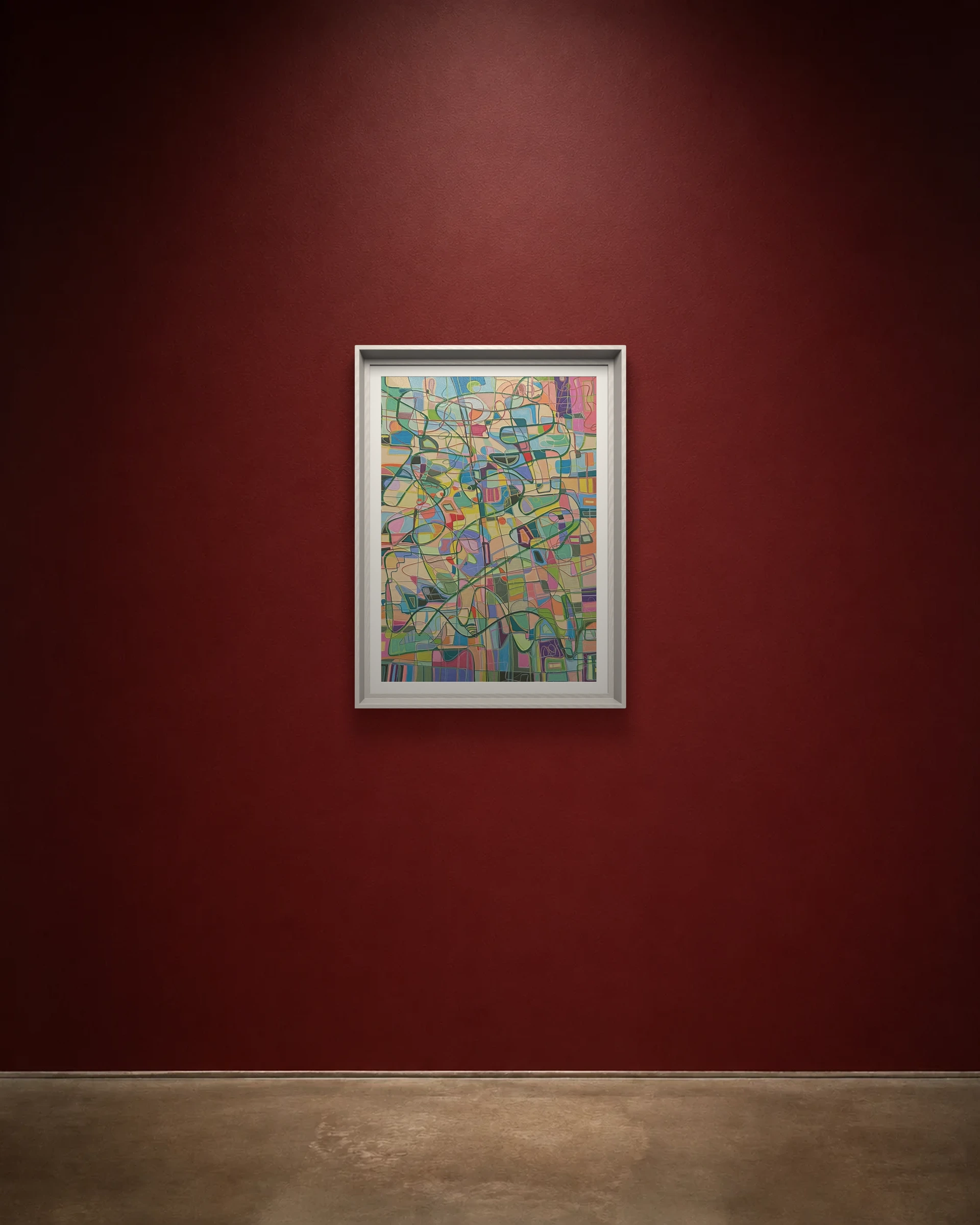 Soft City shown framed on a burgundy wall