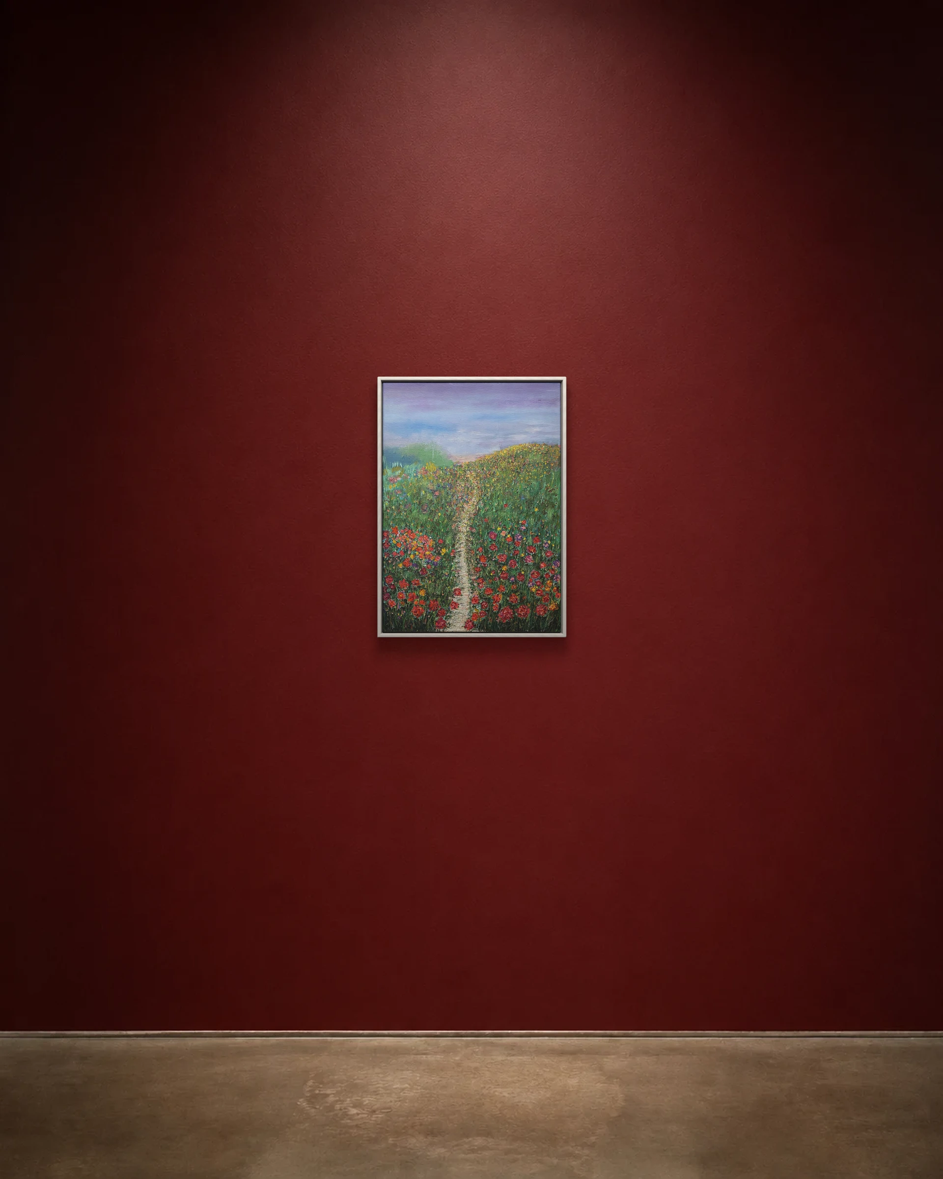 The Field Opens shown framed on a burgundy wall