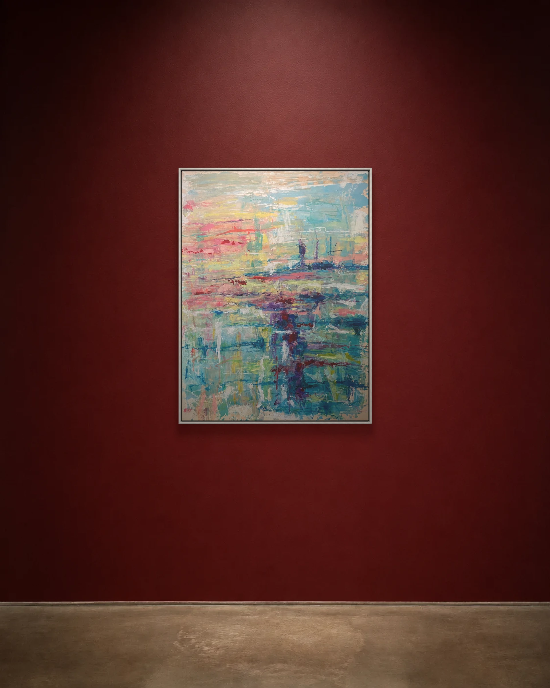 Whispers shown framed on a burgundy wall
