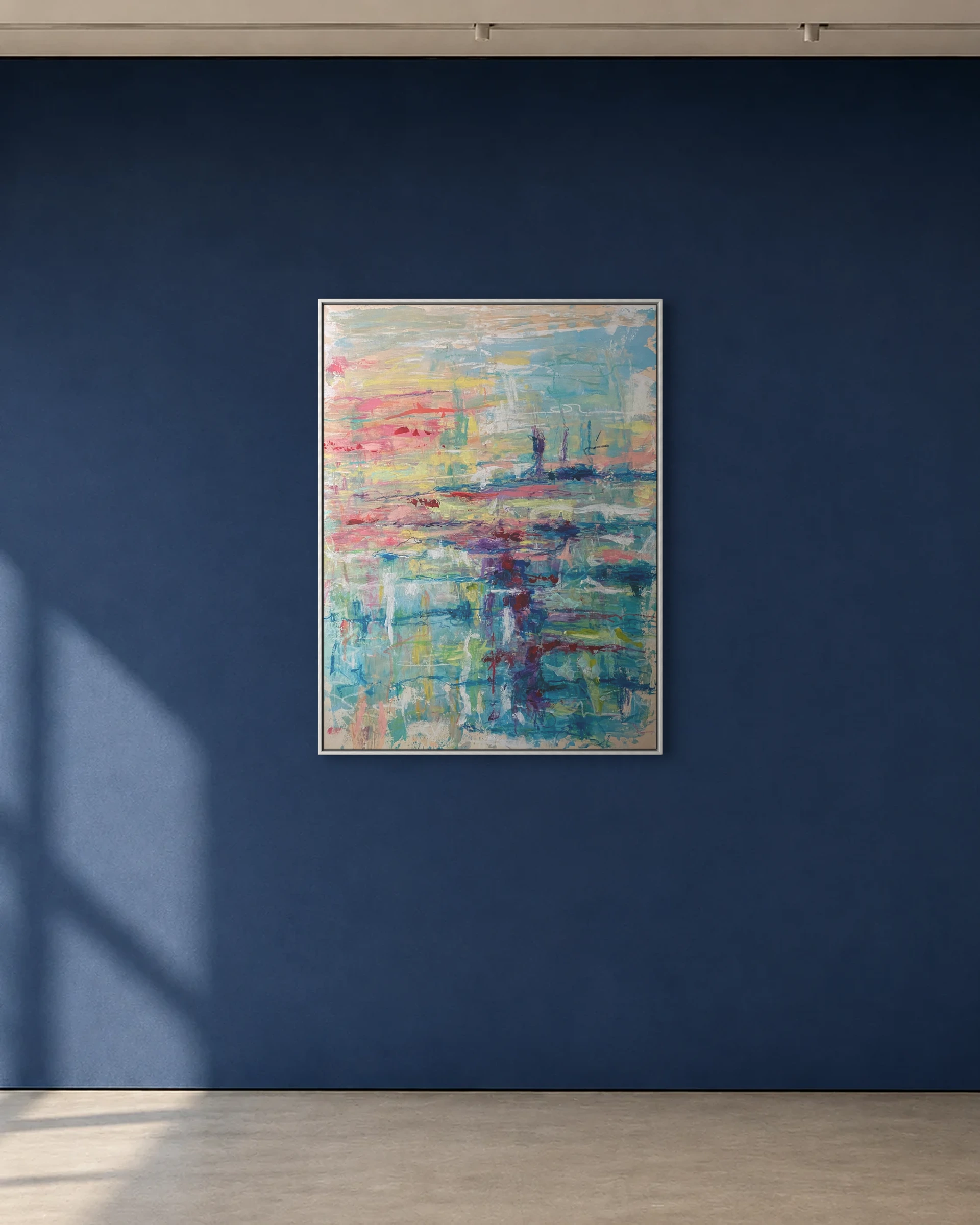 Whispers shown framed on a deep blue gallery wall