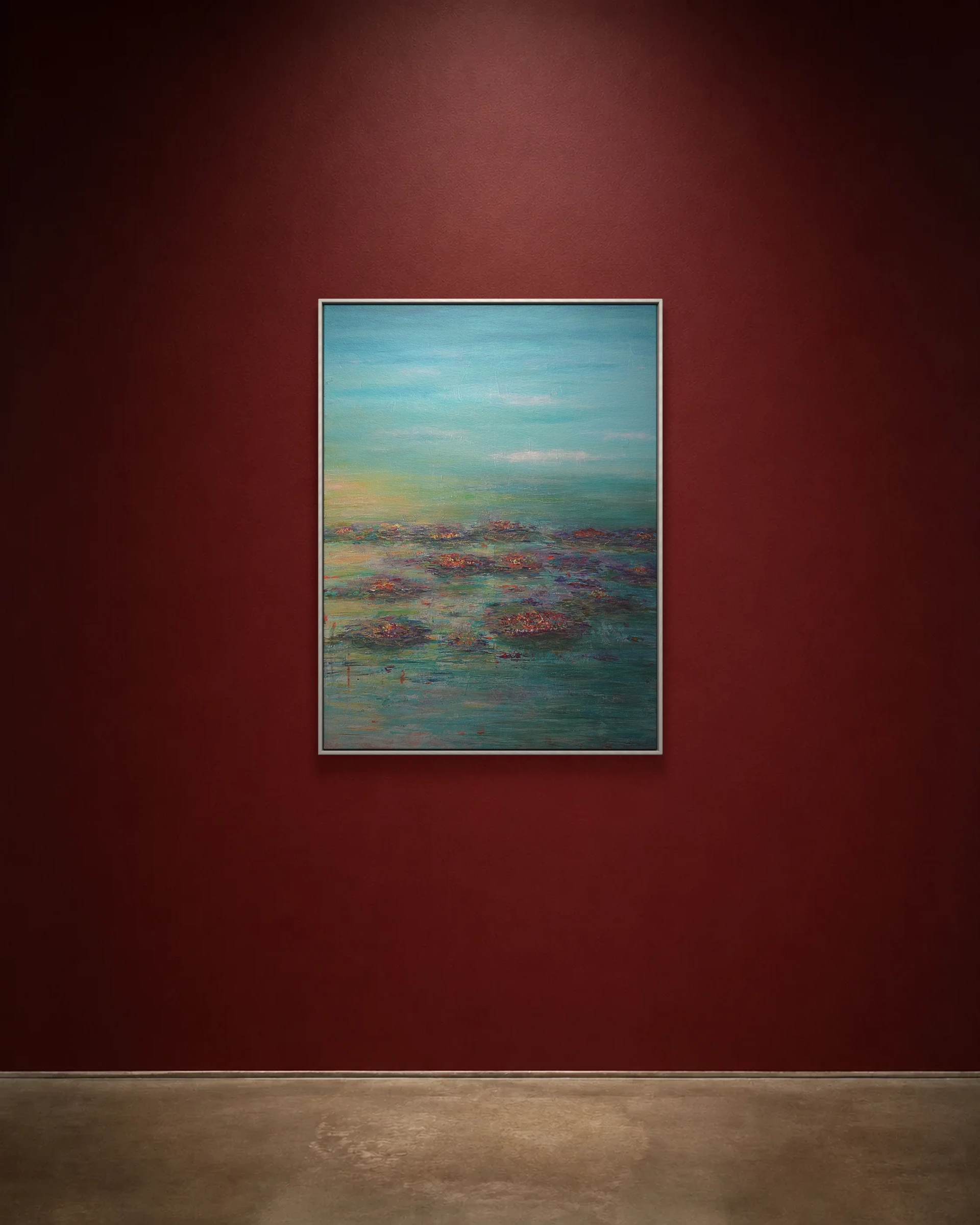 Water Garden shown framed on a burgundy wall