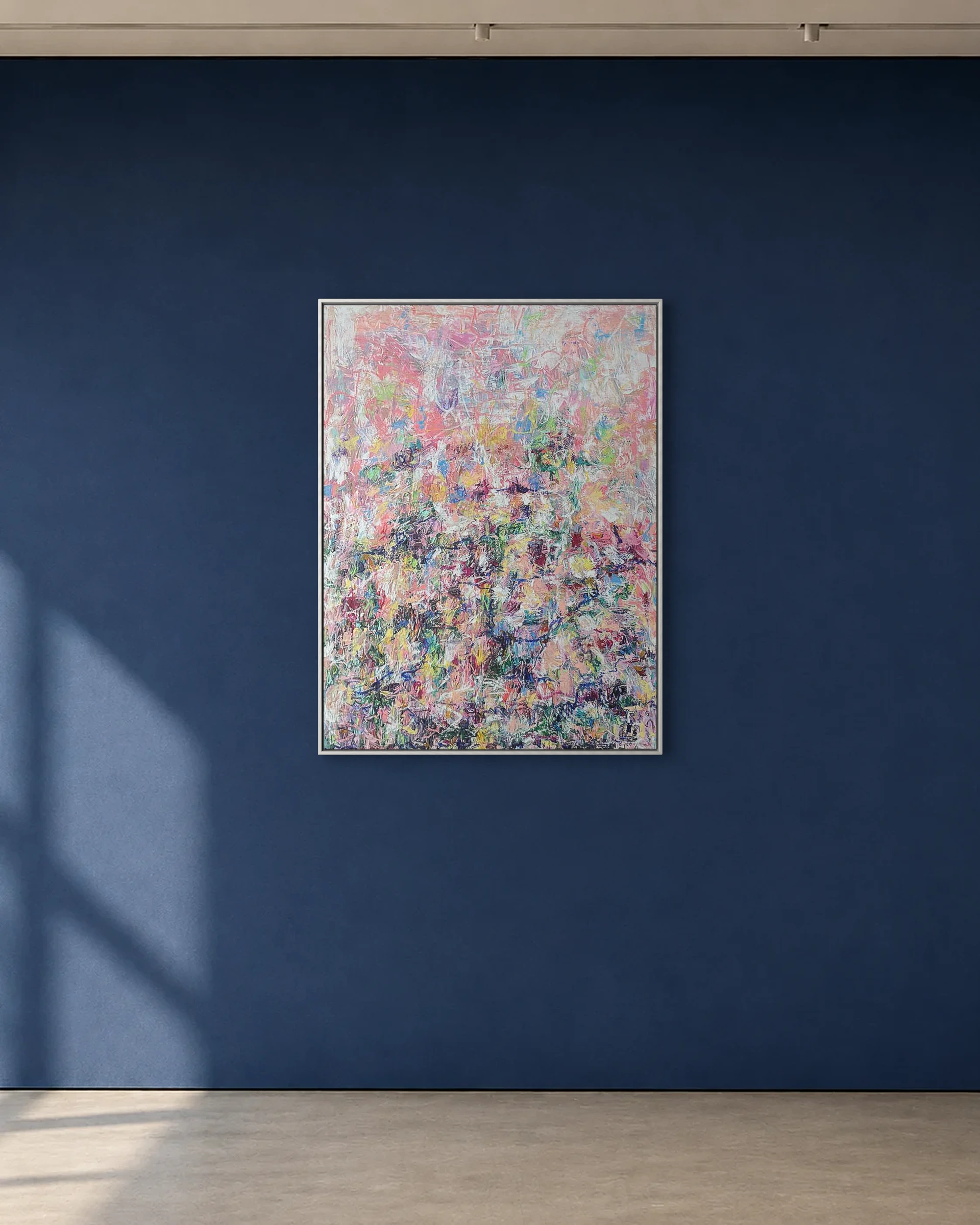 Wild Signal Garden shown framed on a deep blue gallery wall