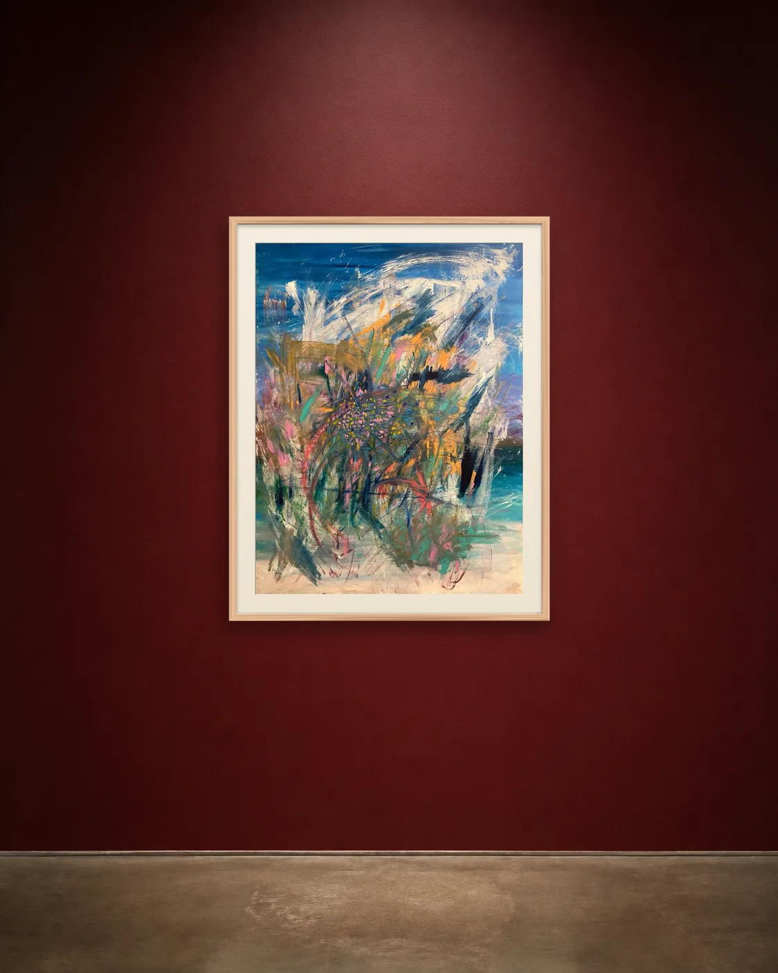 Blue Surge shown framed on a burgundy wall