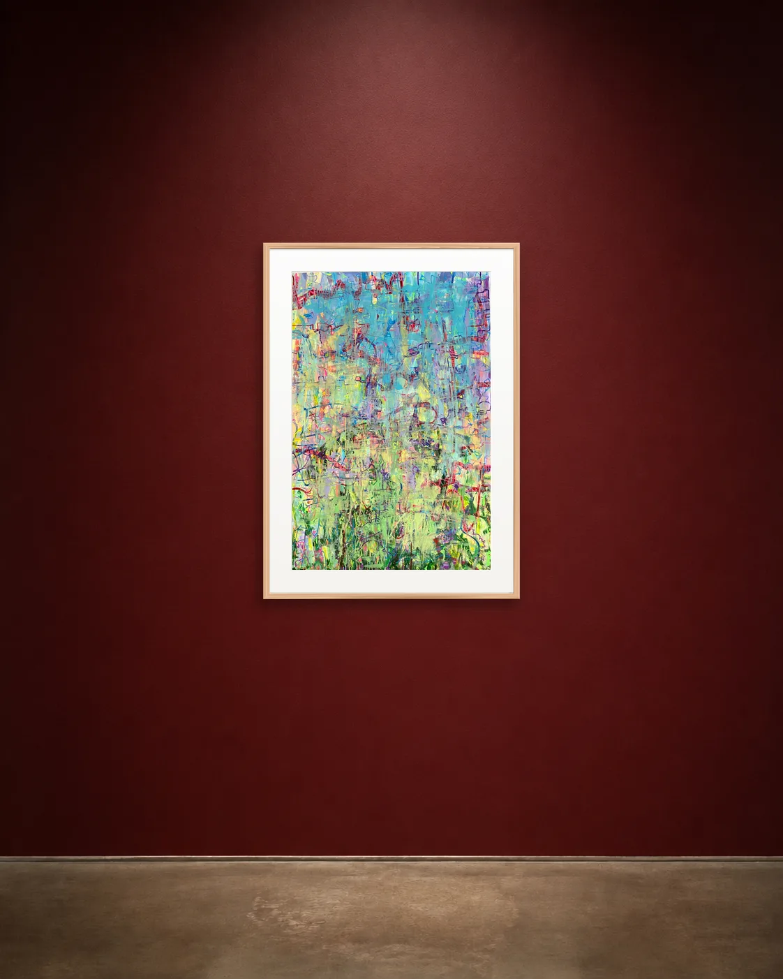 Iridescent Field shown framed on a burgundy wall