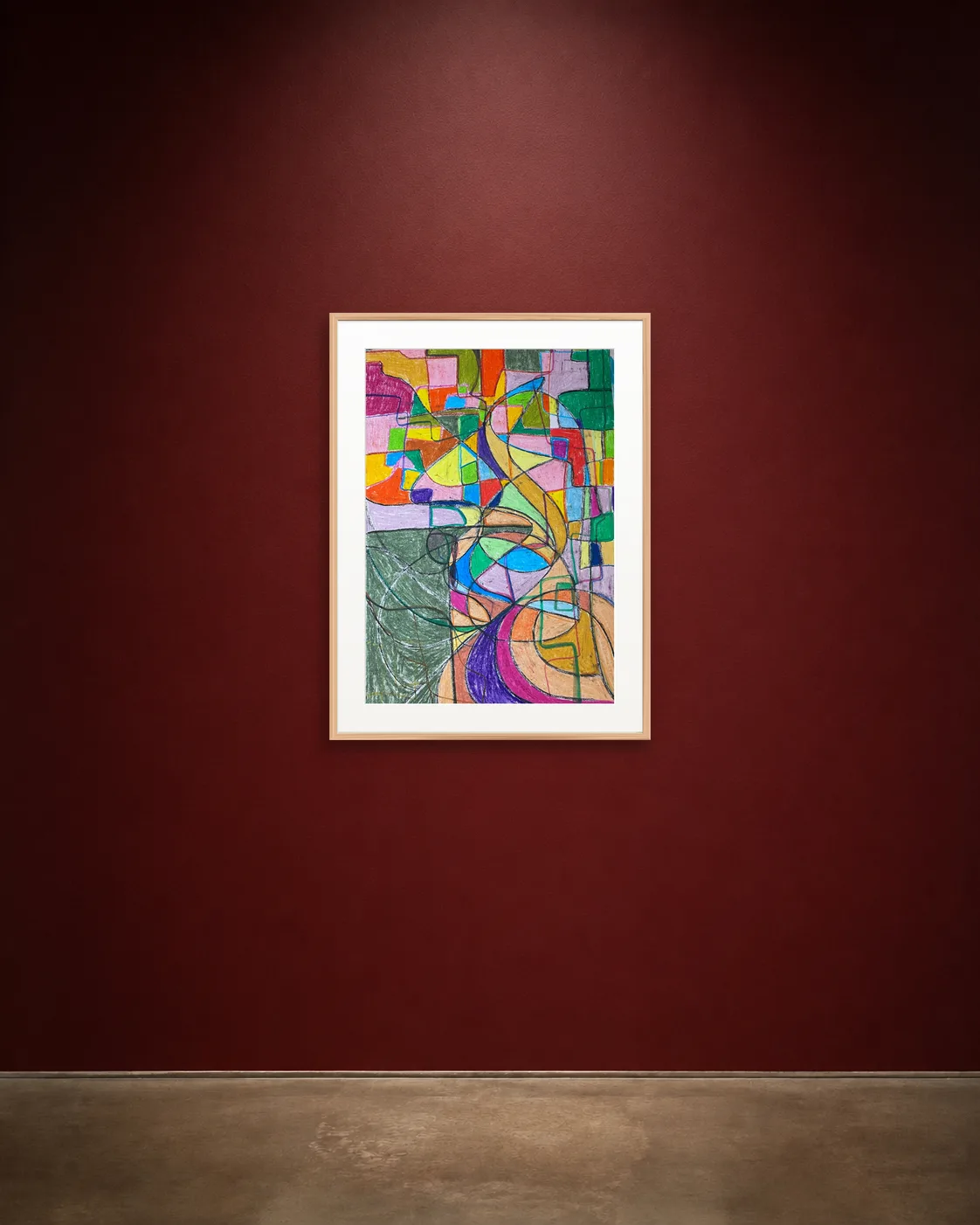 Fragmented Signal shown framed on a burgundy wall